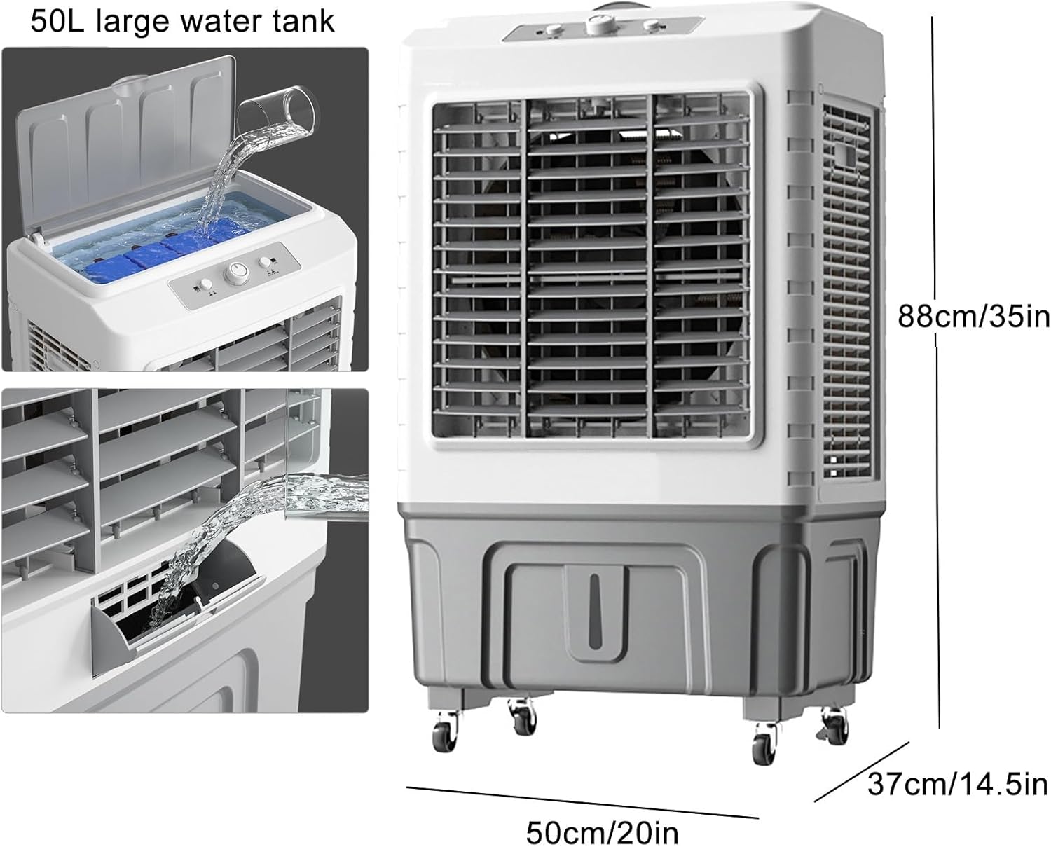 Water Cooler Fan Portable Evaporative Air Cooler, 3 Speeds Air Conditioner, 4 Ice Packs & 50L Water Tank, for Room, Factory & Office