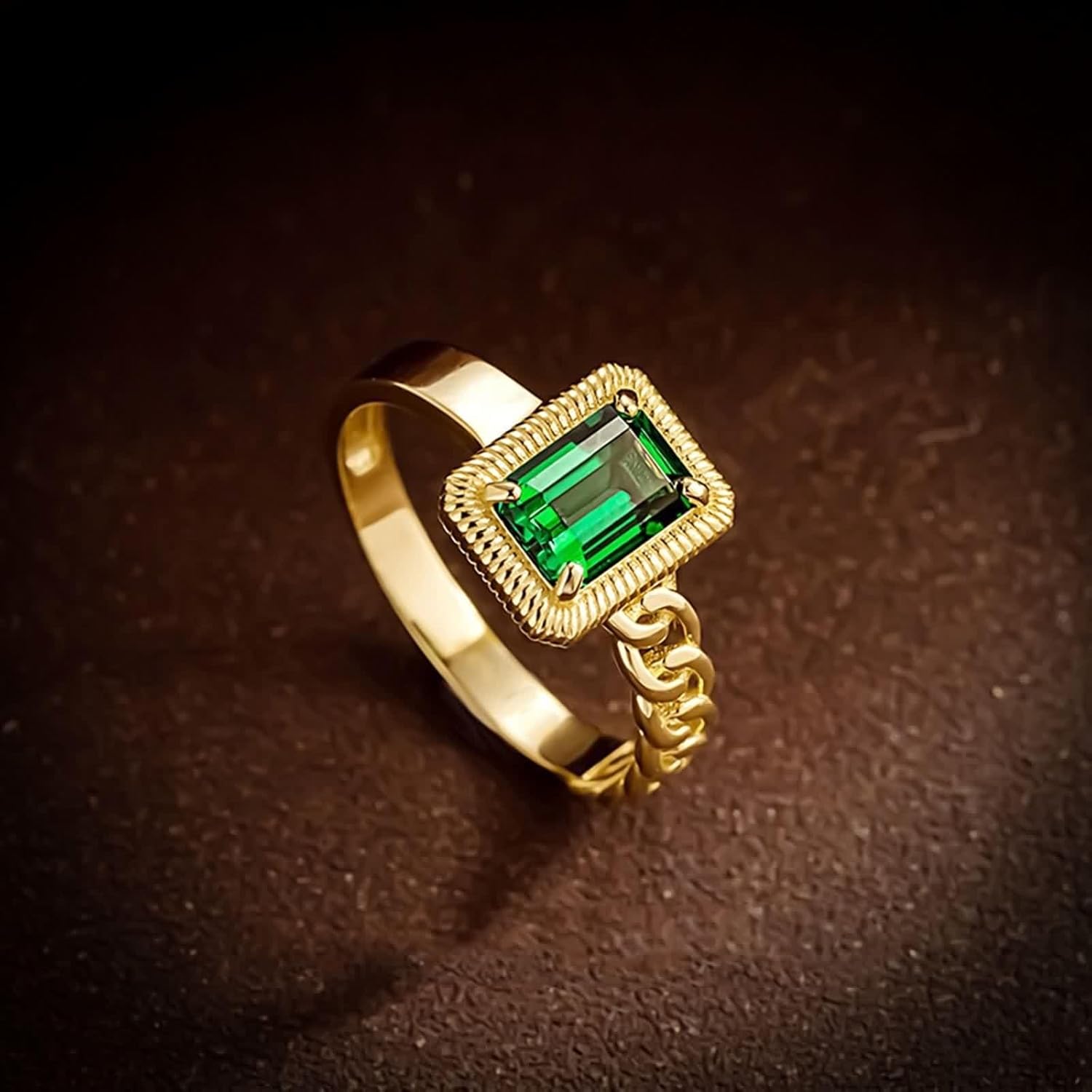 14K Yellow Gold Rings for Women, Simple Rings Tsavorite Rectangle Gold Band Birthday Gift for Her