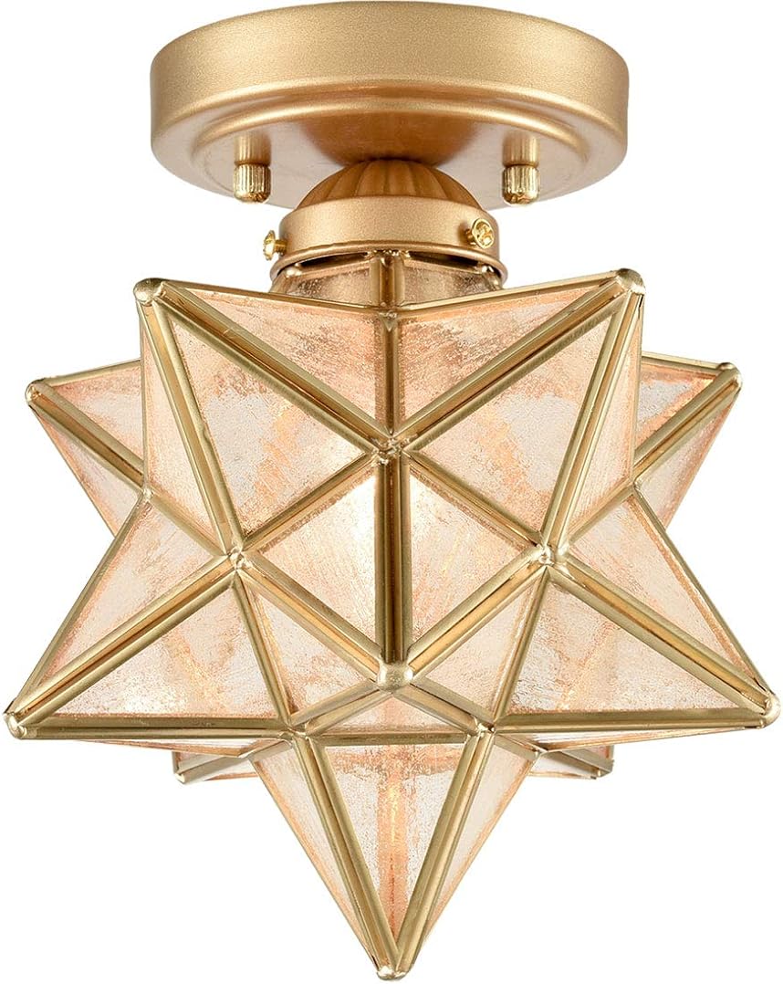 HOLKIRT Brass Modern Moravian Star Ceiling Light Semi-Flush Mount with 8 Inch Seeded Glass