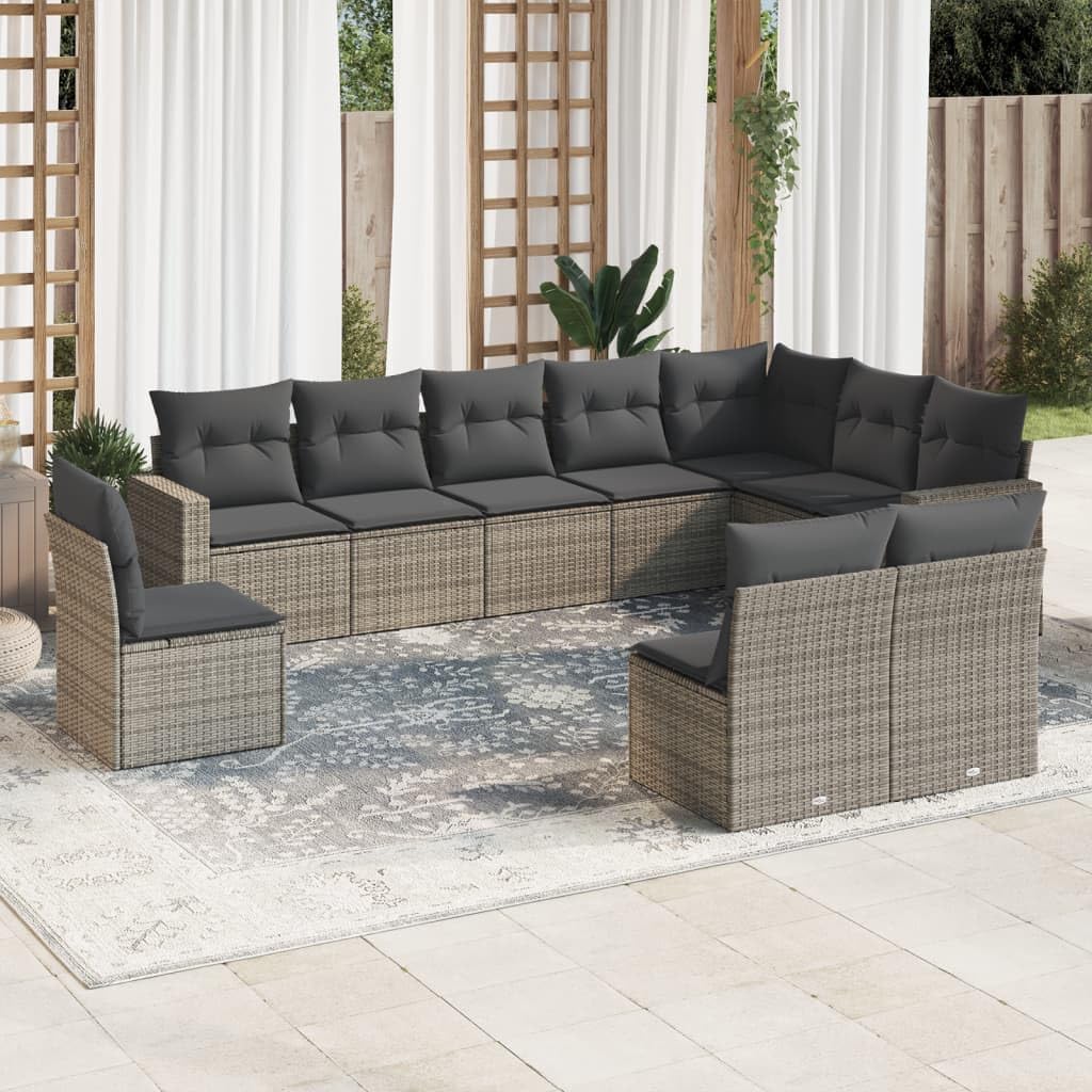 10-Piece Garden Sofa Set Gray PE Rattan, Powder-Coated Steel, Fabric, Large Modular Outdoor Patio Furniture Set for 10 People, Backyard Terrace Balcony