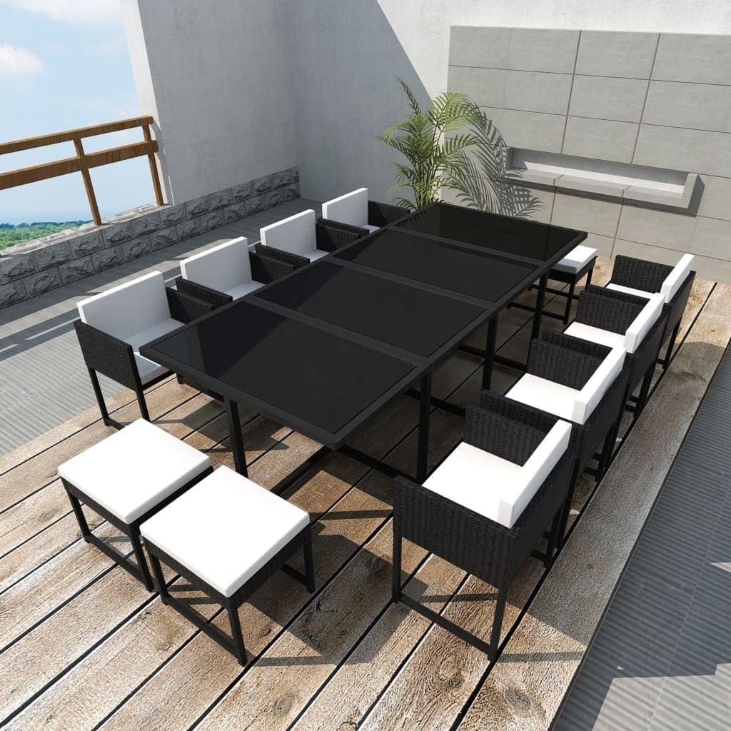 13-Piece Outdoor Dining Set, Black Synthetic Poly Rattan, White Cushions, Large Rectangular Patio Table and Chairs for 12-Person Seating, Garden and Terrace Furniture