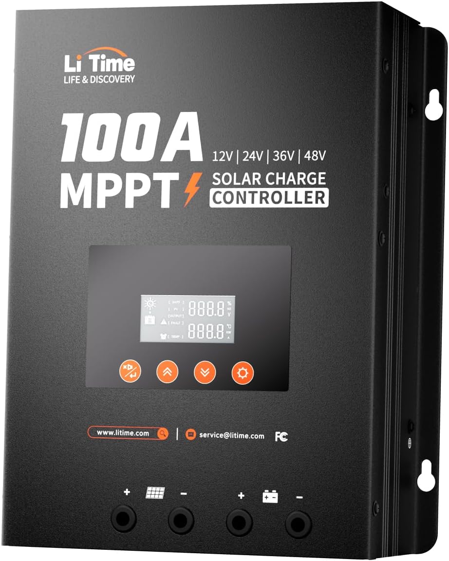 LiTime MPPT Solar Charge Controller (Bluetooth) - Solar Panel Regulator -150V, 100Amp, 12/24/36/48Volt for LiFePO4 and Lead-Acid Battery in Solar System