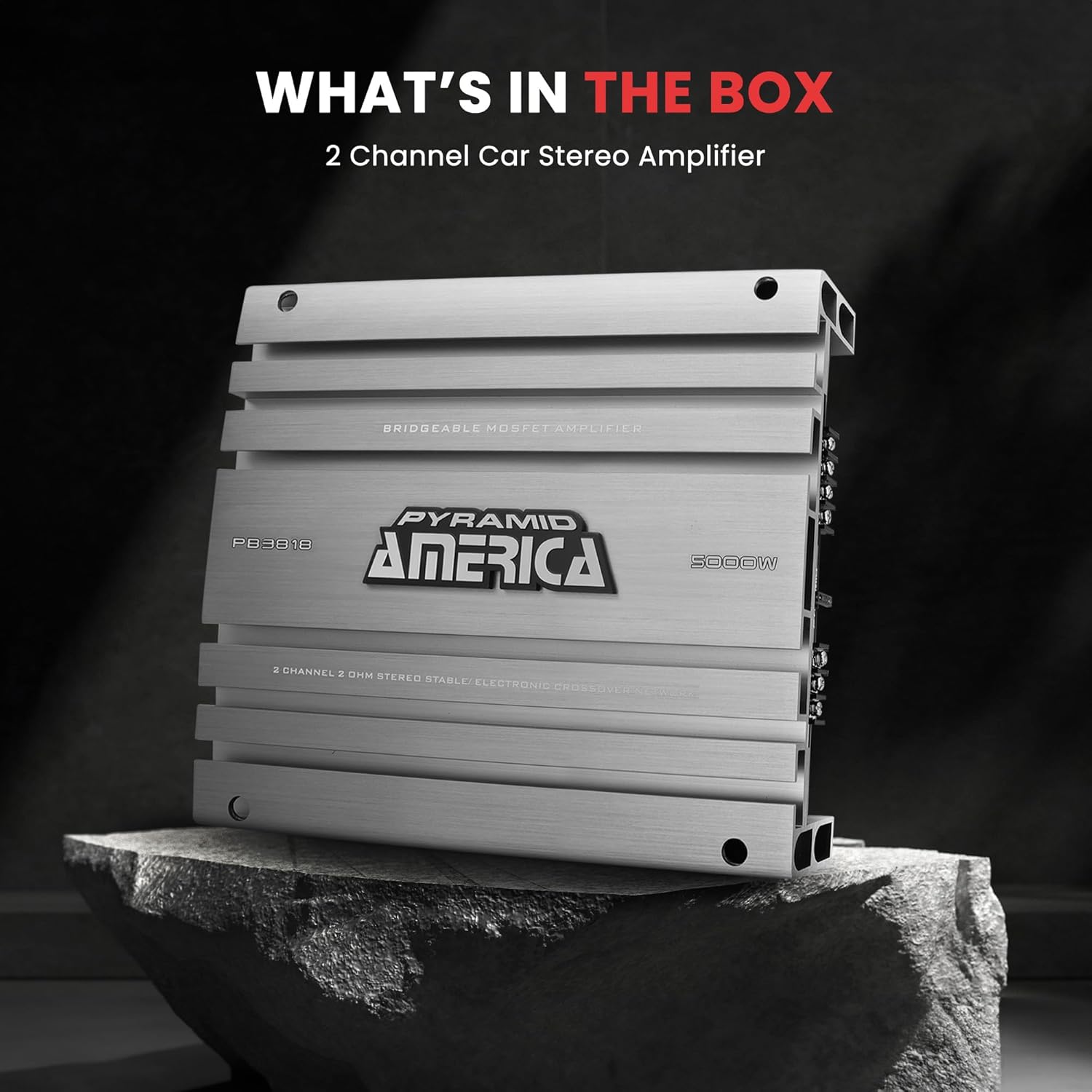 Pyramid 2 Channel Car Stereo Amplifier - 5000W High Power 2-Channel Bridgeable Audio Sound Auto Small Speaker Amp Box w/MOSFET, Crossover, Bass Boost Control, Silver Plated RCA Input Output - PB3818