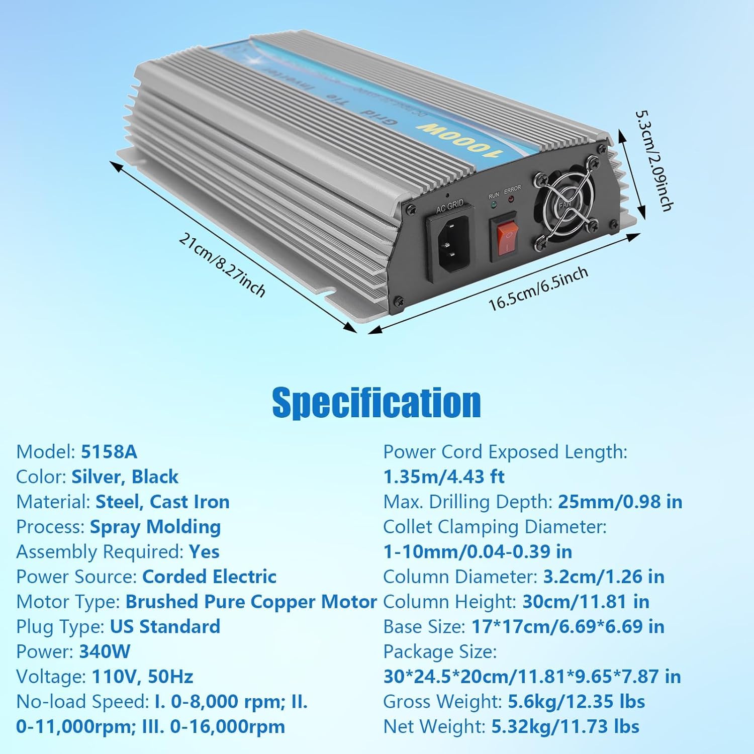 Grid Tie Inverter 1000W, Solar Grid Tie Inverter, 10.6x6.5x2.1 Inch, 110V MPPT, Aluminum Alloy GTI1000W with CE/RoHS Certification