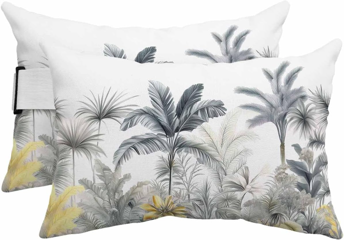 Outdoor Pillow for Chaise Lounge Chair Tropical Plants Waterproof Lumbar Pillow with Insert Monstera Palm Tree Headrest Pillow with Adjustable Elastic Stripe for Recliner Beach Garden Patio 12x20 Inch