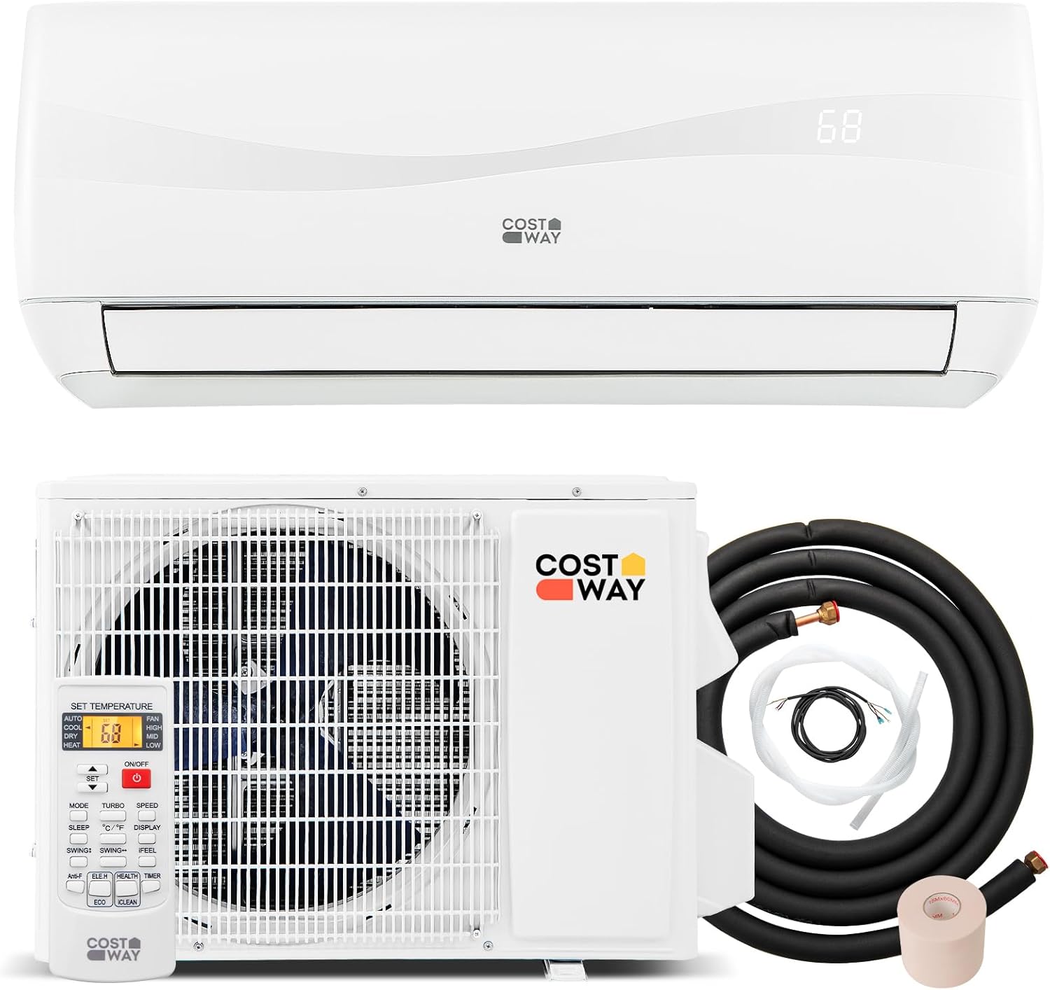 COSTWAY 9000BTU Mini Split Air Conditioner& Heater, 19 SEER2 115V Wall-Mounted Ductless AC Unit Cools Rooms up to 450 Sq. Ft, Energy Efficient Inverter AC with Heat Pump (Blast Series)