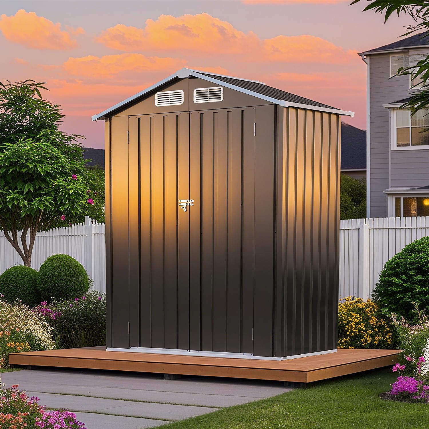 5 x 3 FT Outdoor Storage Shed, Metal Garden Tool Shed with Slooping Roof, Lockable Doors, All-Weather Bike Shed Easy to Assemble for Backyard, Patio, Lawn, Grey