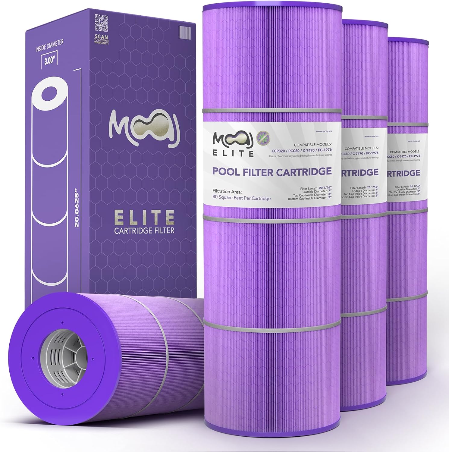 MOAJ Elite Pool Filter 4-Pack Replaces Pentair CCP320, Clean and Clear Plus 320, R173573, 160340, PCC80, PCC80-PAK4, Filbur FC-1976, Unicel C-7470, Crystal Water 325 | 20 1/16