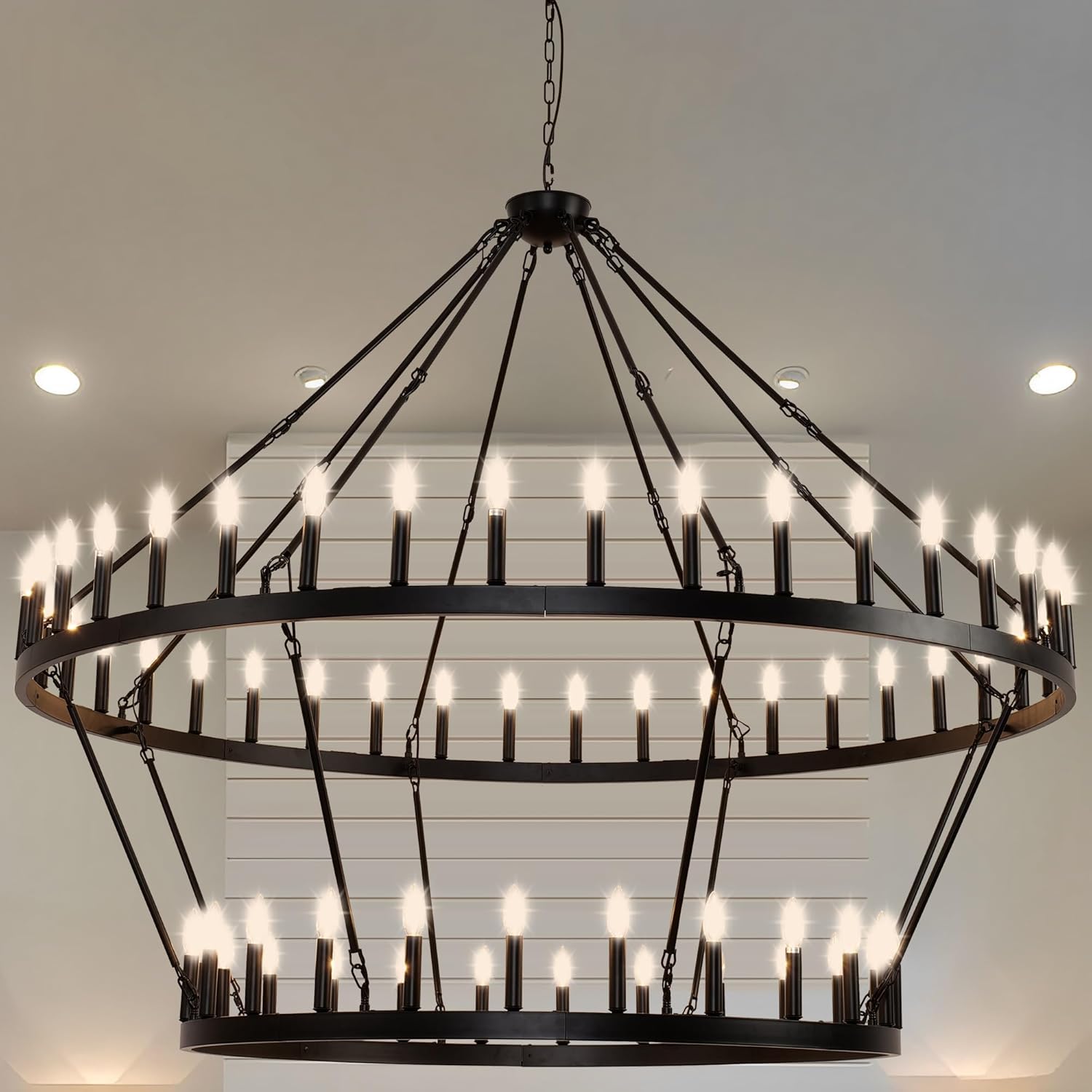 70 Inch Extra Large Wagon Wheel Chandelier 2 Tier 64-Lights Black Farmhouse Pendant Light Fixture, Round Rustic Hanging Lighting for Outdoor Porch high Ceilings Living Dining Room Foyer Entryway