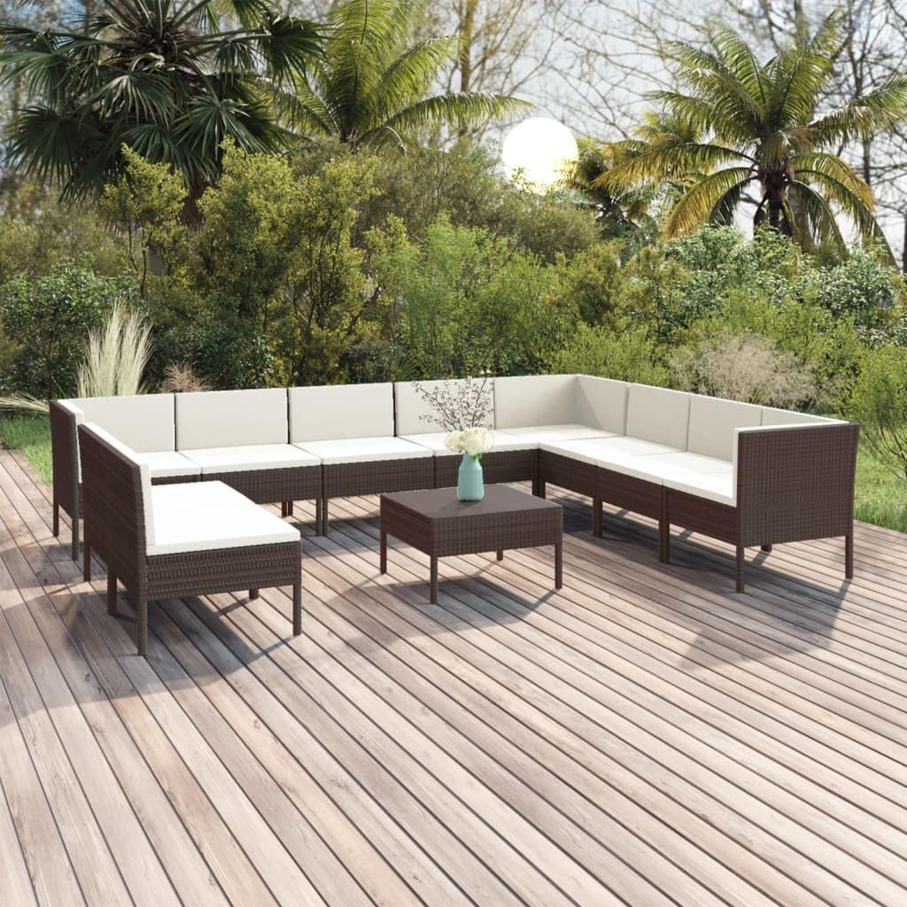 Furniture Sets 11 Piece Patio Lounge Set with Cushions Poly Rattan Brown,Cozy Patio Lounge Set: Relaxing Outdoor Furniture for Sunny Gatherings Garden Conversation Sets