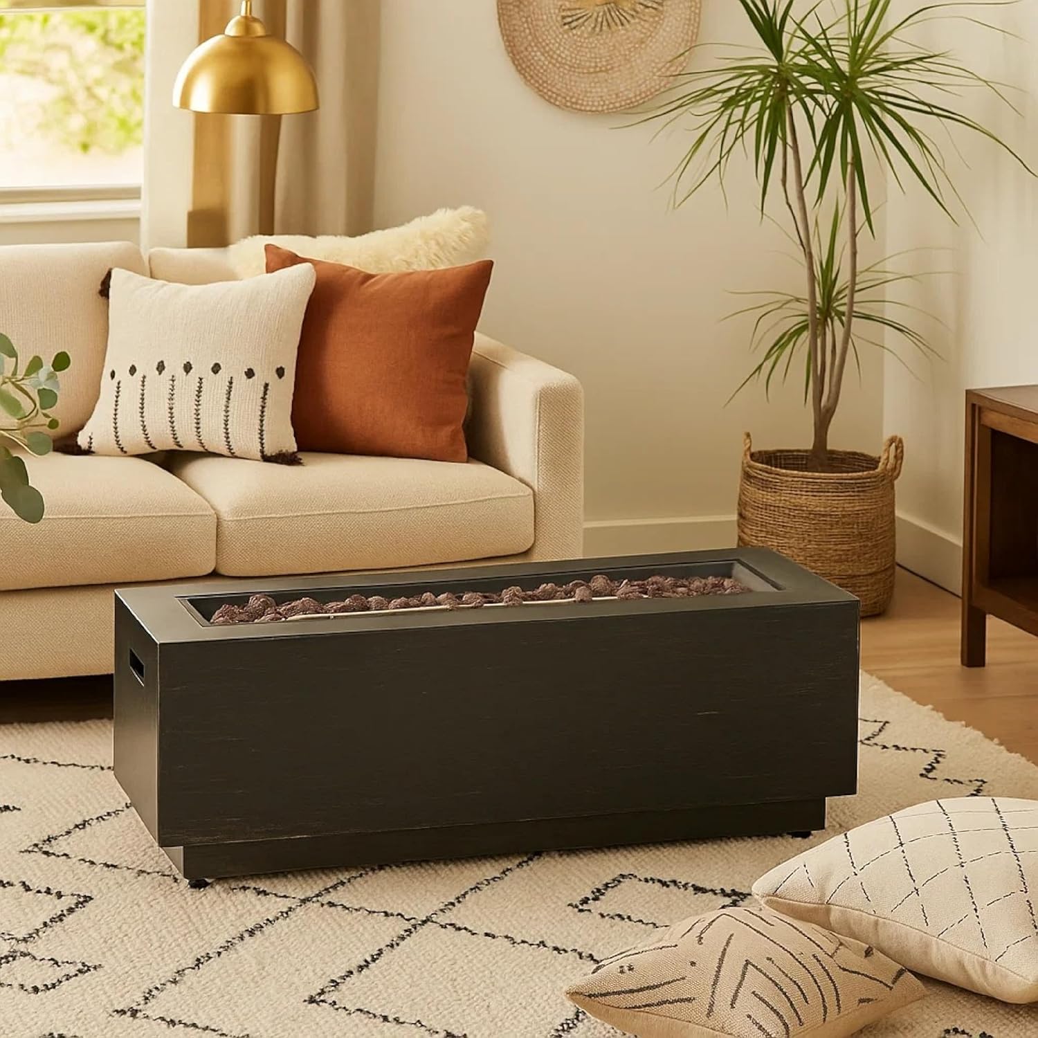 Benjara Outdoor Fire Pit, Dark Brown, Gold Iron Frame Rectangular 48 Inch