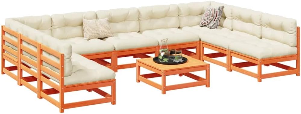 10 Piece Patio Sofa Set with Cushions Wax Brown Solid Wood Pine, Patio Furniture Sets, Outdoor Furniture