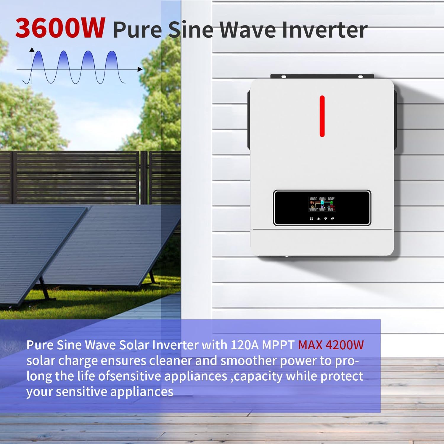 DATOUBOSS 3600W Hybrid Solar Inverter, 24V DC to 110V AC Pure Sine Wave with 120A MPPT Controller, Off-Grid Backup Power Converter for 24V Lithium/AGM Battery, Home RV Cabin, Solar Off-Grid On-Grid
