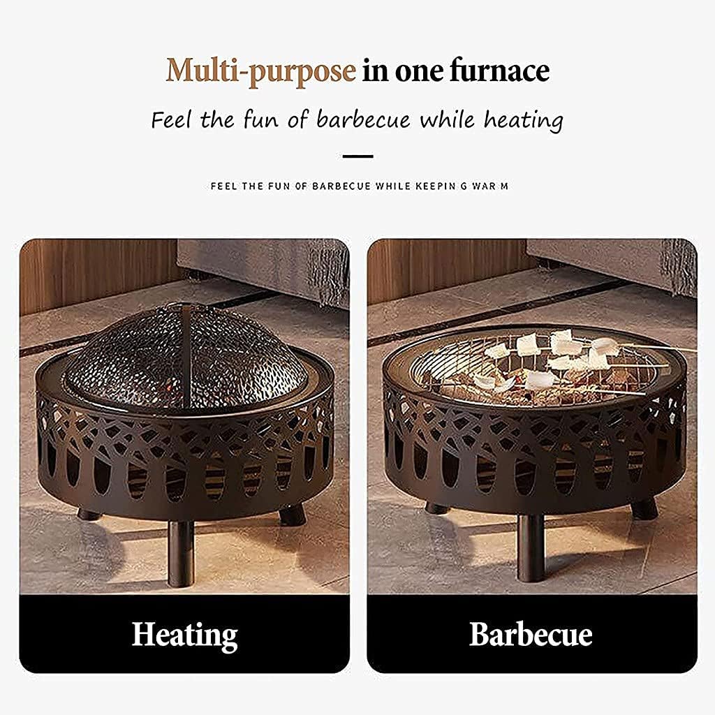 Fire Pits for Outside with Grill, 23Inch Outdoor Wood Burning Firepit Bowl with Spark Screen Cover Log Grate Fire Poker Steel Round Fireplace for Outside Camping Bonfire Beach Patio Backyard