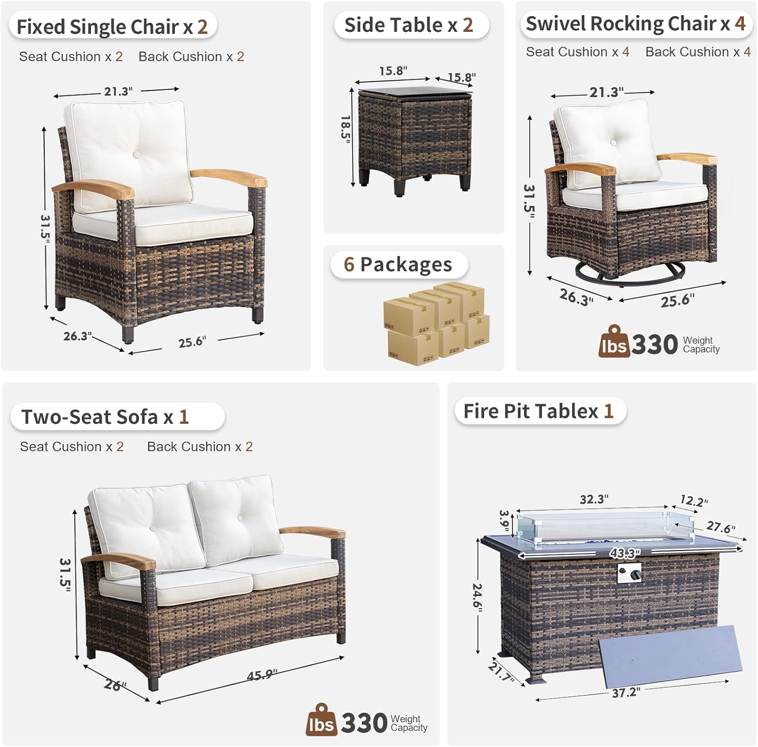 MEISSALIVVE 10 Pieces Patio Furniture Sets with Fire Pit Table, Wicker Outdoor Conversation Sets with 4 Swivel Rocker Chairs, 2 Single Chairs, 2-seat Sofa and Side Table(Brown)