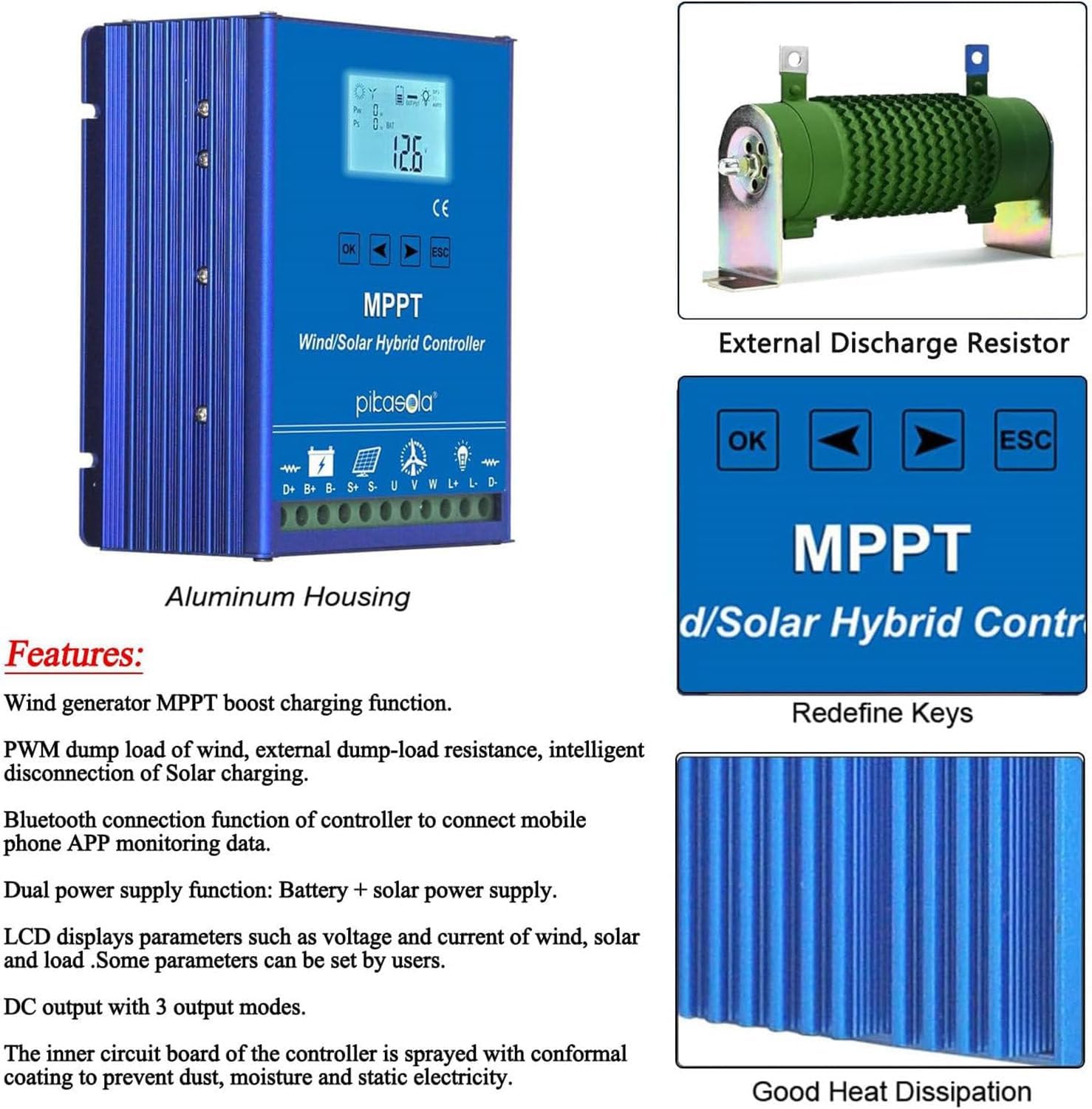 Wind Solar Blending Controller,Digital Intelligent Regulator with LCD Display,Wind Solar Hybrid Charge Controller,Mppt Charge Boost Controller,24V-8000W