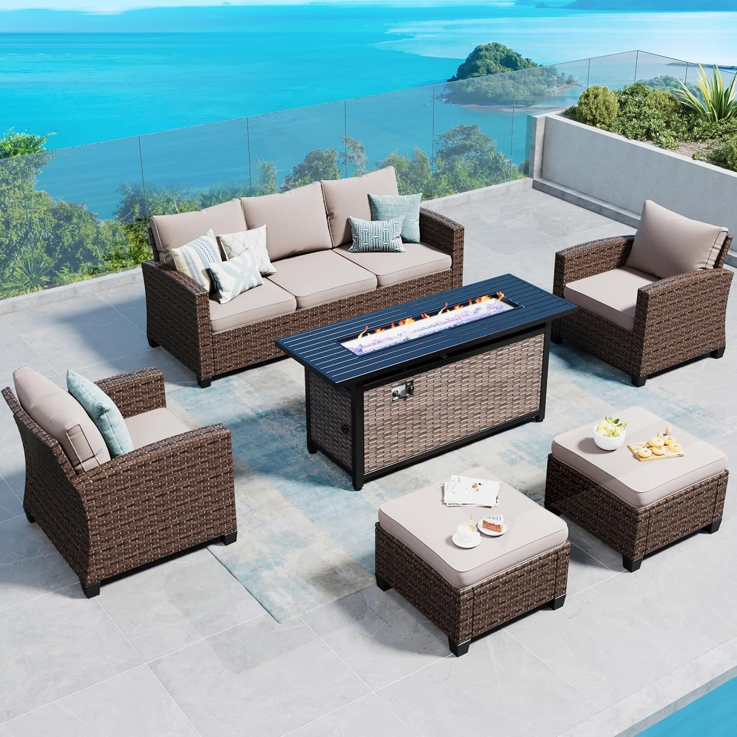 Patio Furniture Set Outdoor Furniture Brown Wicker Rattan Patio Conversation Sets with Cushion Outside Sofa Set,6 Pieces with Rectangular Firepit Table,7 Seats,Beige