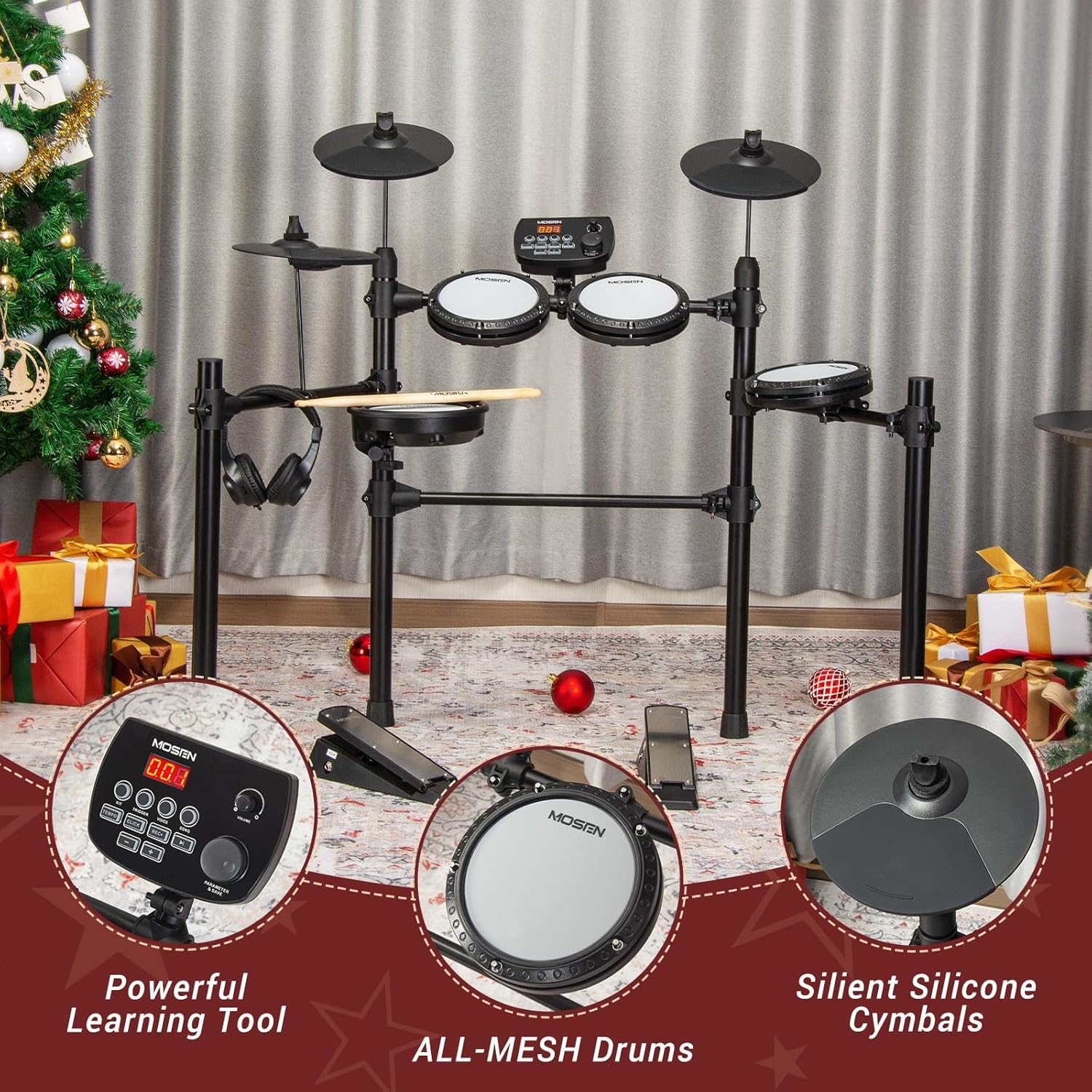 MOSEN Electric Drum Set with 4 Quiet Mesh Drum Pads, Cymbals, Sticks, Headphones, USB MIDI, Kick Pedal, 195+ Sounds and 25 Drum Kits for Beginner MED-X3
