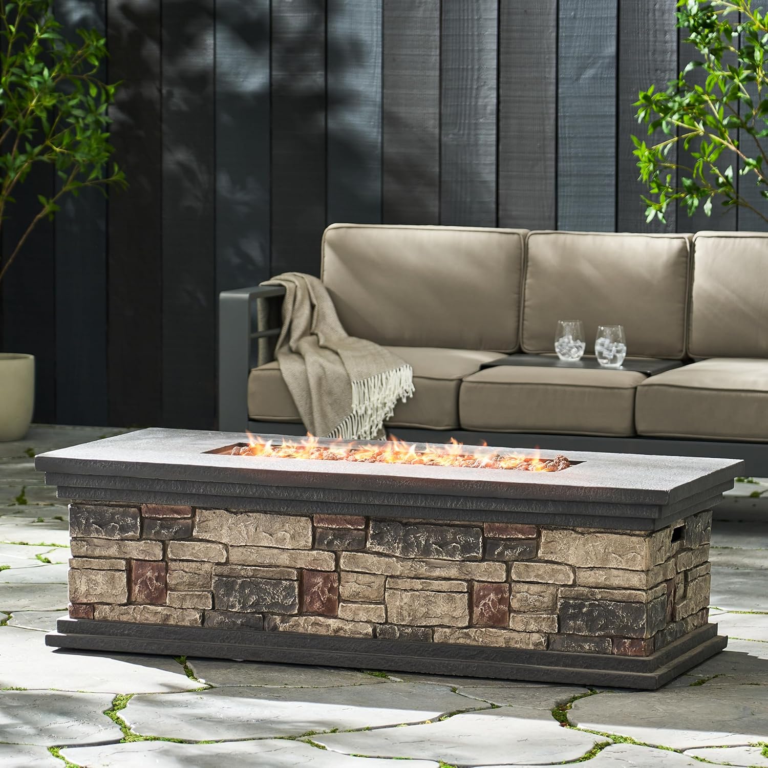 Rectangle Fire Pit 50,000 Btu, Stone Gray – Outdoor Gas Fire Pit with Lava Rocks, Durable Steel Construction, Easy Ignition, Patio, Backyard, Deck (1 Doors)