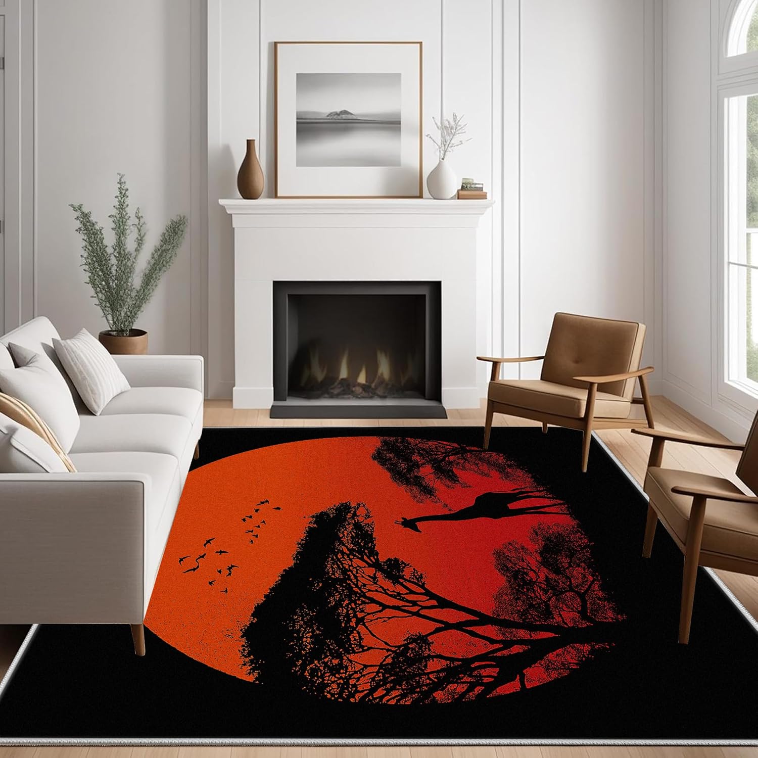 Giraffe Animal Rug & Home Decor, Sunset Shadow Washable Rug 8x10, Tree Bird Rugs for Living Room Bedroom - Non Slip Soft Indoor Large Area Rug, Carpet Kitchen Room Decor