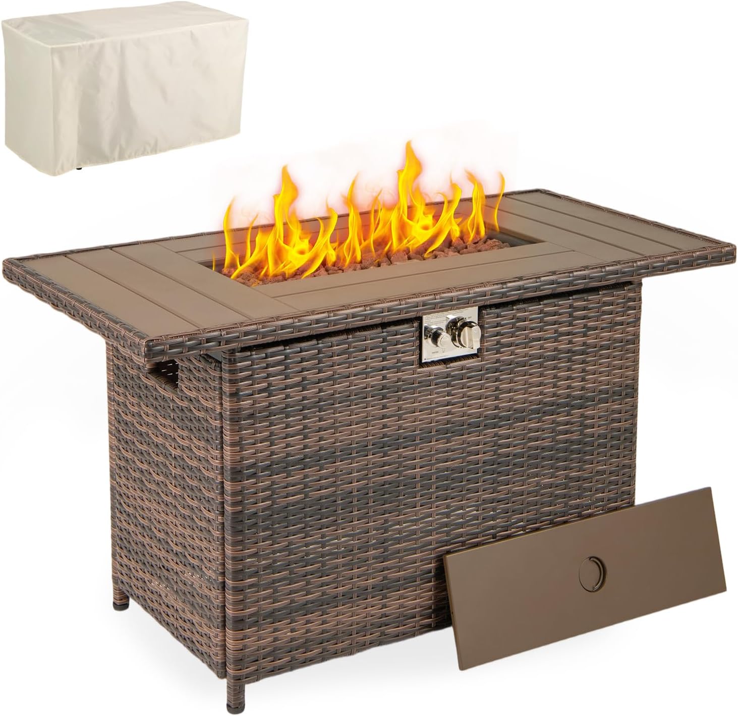 Tangkula 44.5 Inch Propane Fire Pit Table, Outdoor Rattan Gas Firepit with Metal Slatted Tabletop & Stainless Steel Burner, Rectangle Fire Pit with Lava Rocks & Protective Cover for Outside Patio