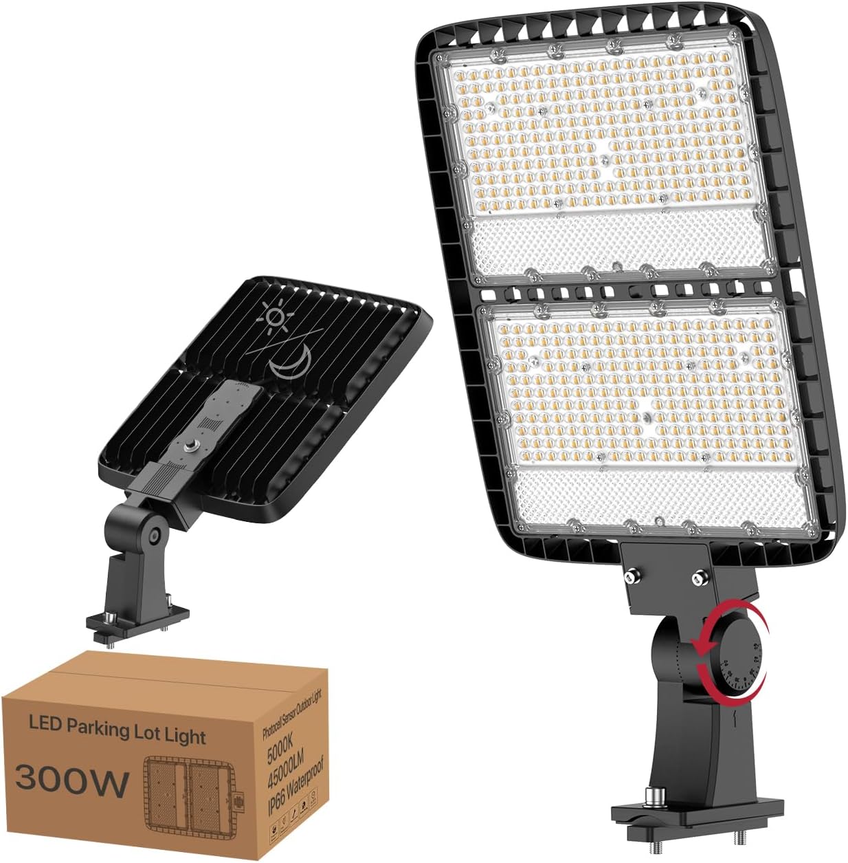 Kifflux 300W Led Parking Lot Light 5000K 36000LM Outdoor 120V Led Street Light Adjustable Arm Mount Security Lighting with Dusk-to-Dawn Photocell Area Flood Lights Fixture for Parking Lot Garage Yard