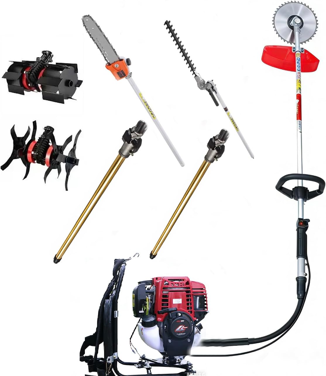 Lawn Mower Backpack GX35 4 Strokes 7 in 1 Hedge Trimmer Pole Saw with Cultivator+2 Extension rods