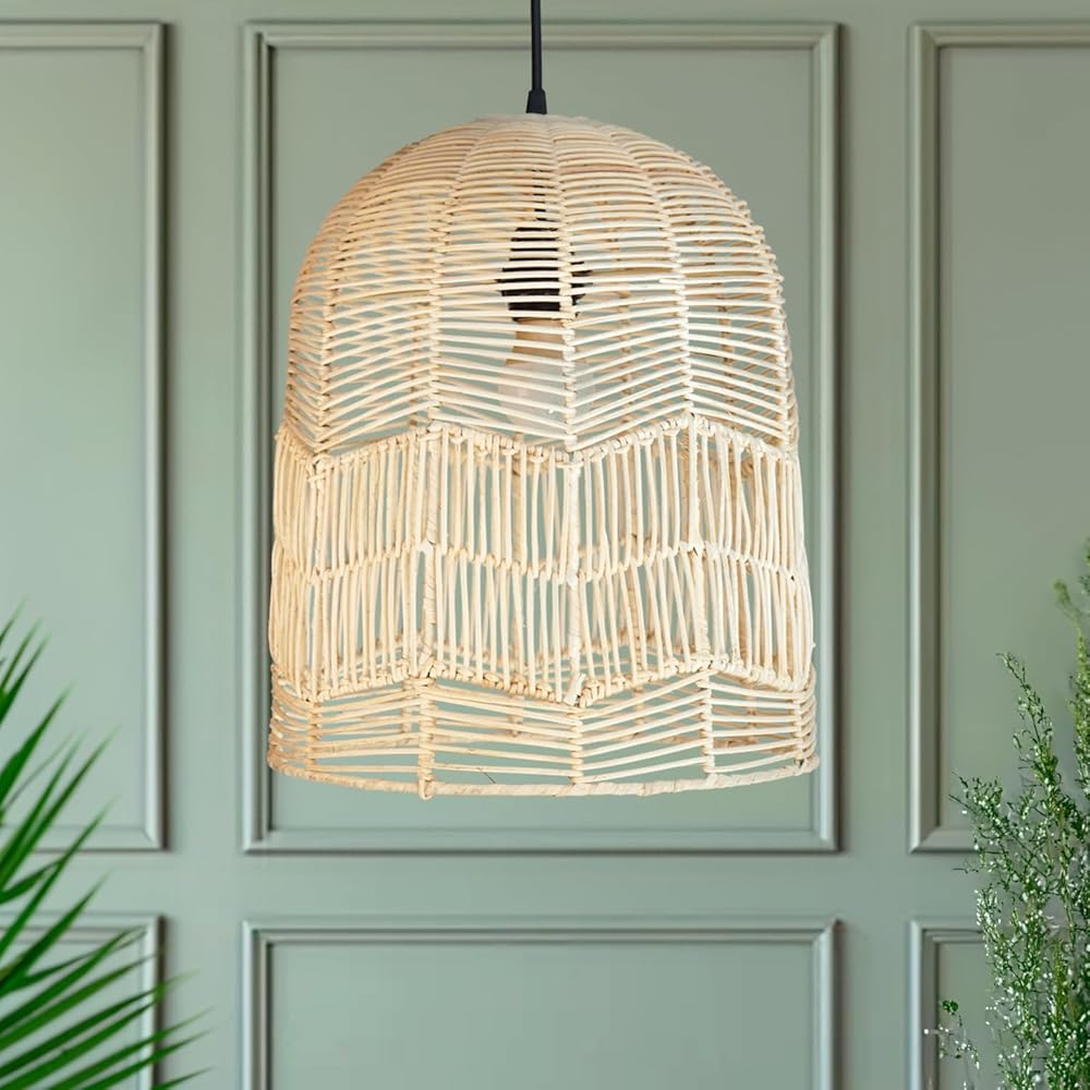 FOREVER BAMBOO Indonesian Natural Rattan Pendant Light Shade Handcrafted Wicker Light Fixtures Luxurious Basket Woven Lampshade Chandelier Interior Decor, Bell Shape 14 in H x 12 in W