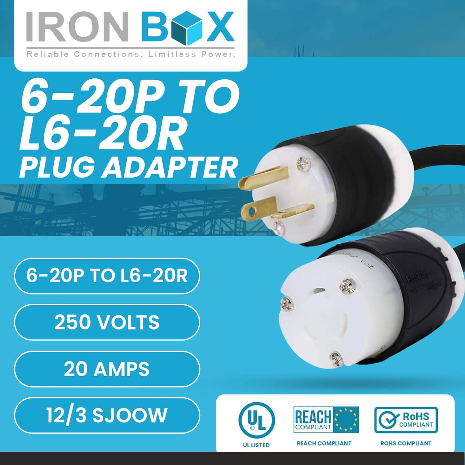 IronBox Electric 6-20P to L6-20R Plug Adapter Power Cord - 20A, 250V, 12/3 SJOOW- UL Listed Power Cord Extension Cable - Heavy Duty Plug and Connector for Generator, Data Centers & More (40ft, Build)