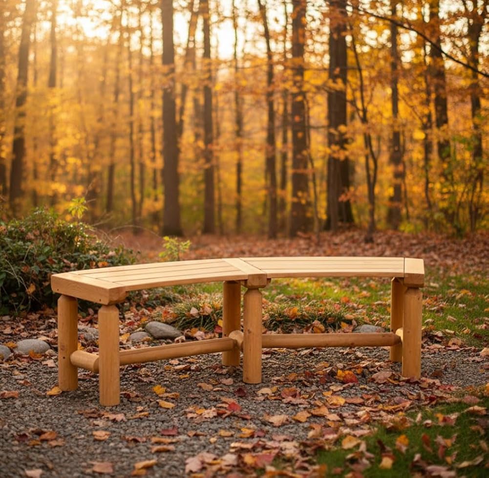 Outdoor Wooden Curved Backless Porch Bench Rustic Style Cedar/Fir Wood Log Fire Pit Bench for Patio Garden Deck and Backyard, 40