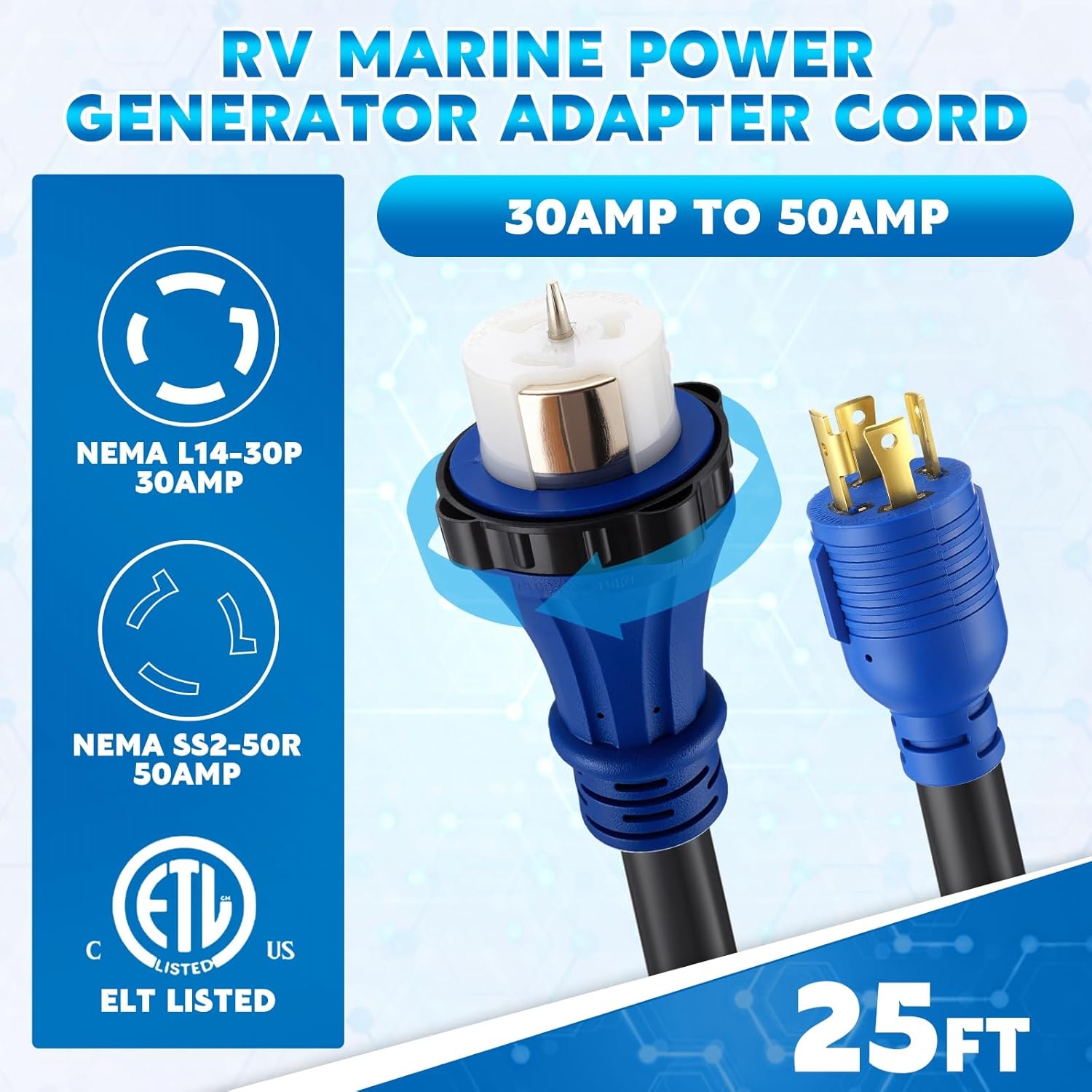 30 to 50Amp Generator Cord and Power Inlet Box, L14-30P to SS2-50R Locking Lock Connector with Pre-Drilled SS2-50P Inlet Box, Generator to House Cord Waterproof Combo Kit, ETL Listed(25ft)