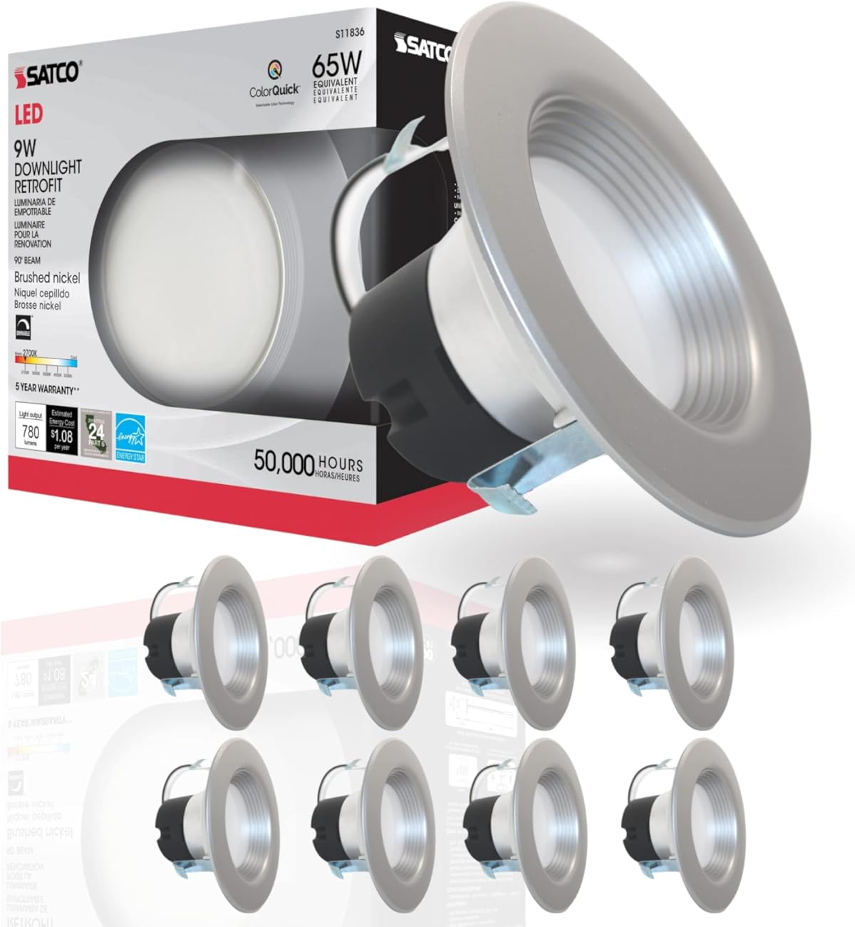 Satco Led Color Selectable Downlight Retrofits S11836, 9 Watt; 5 Inch - 6 Inch; Cct Selectable; 120 Volts; Dimmable; Brushed Nickel Finish for Industrial and Commercial Use (8 LED Downlights)