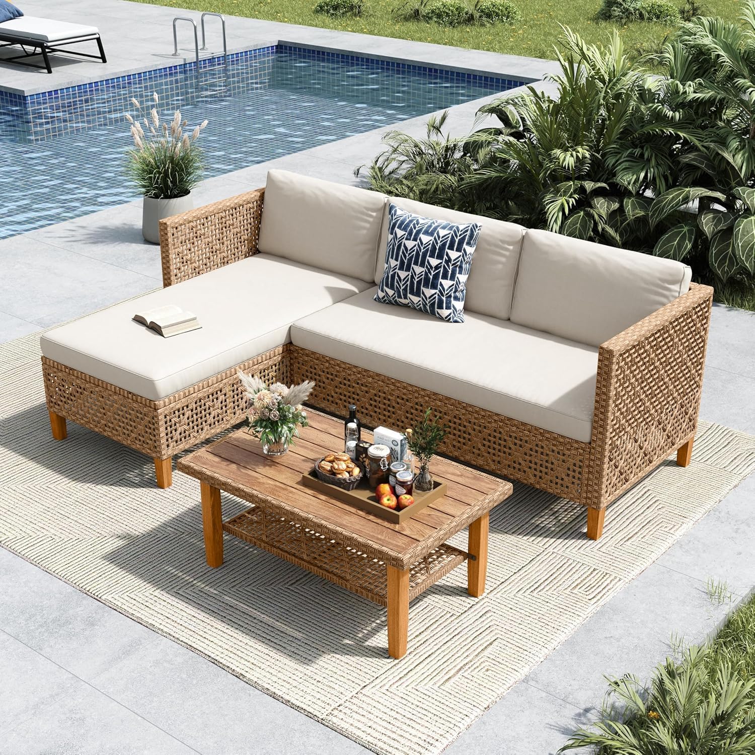 MFSTUDIO L Shaped Outdoor Couch Set, Wicker Patio Furniture Set, Rattan Outdoor Sectional Sofa with Acacia Wood Coffee Table, 3 Pieces Small Patio Conversation Set for Backyard, Beige