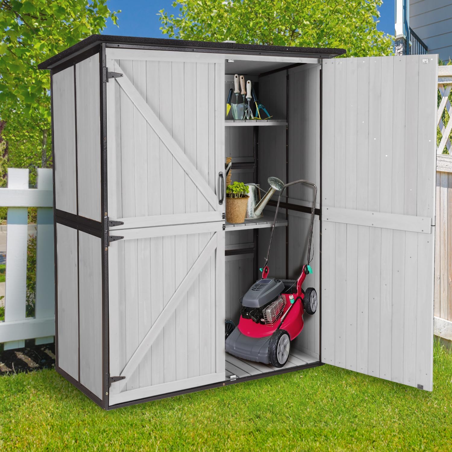 Outdoor Storage Cabinet with Adjustable Shelves, Large Metal Frame Garden Shed for Bike & Tool Storage, Lockable Waterproof Vertical Cabinet Box for Backyard, Patio, Lawn, Deck