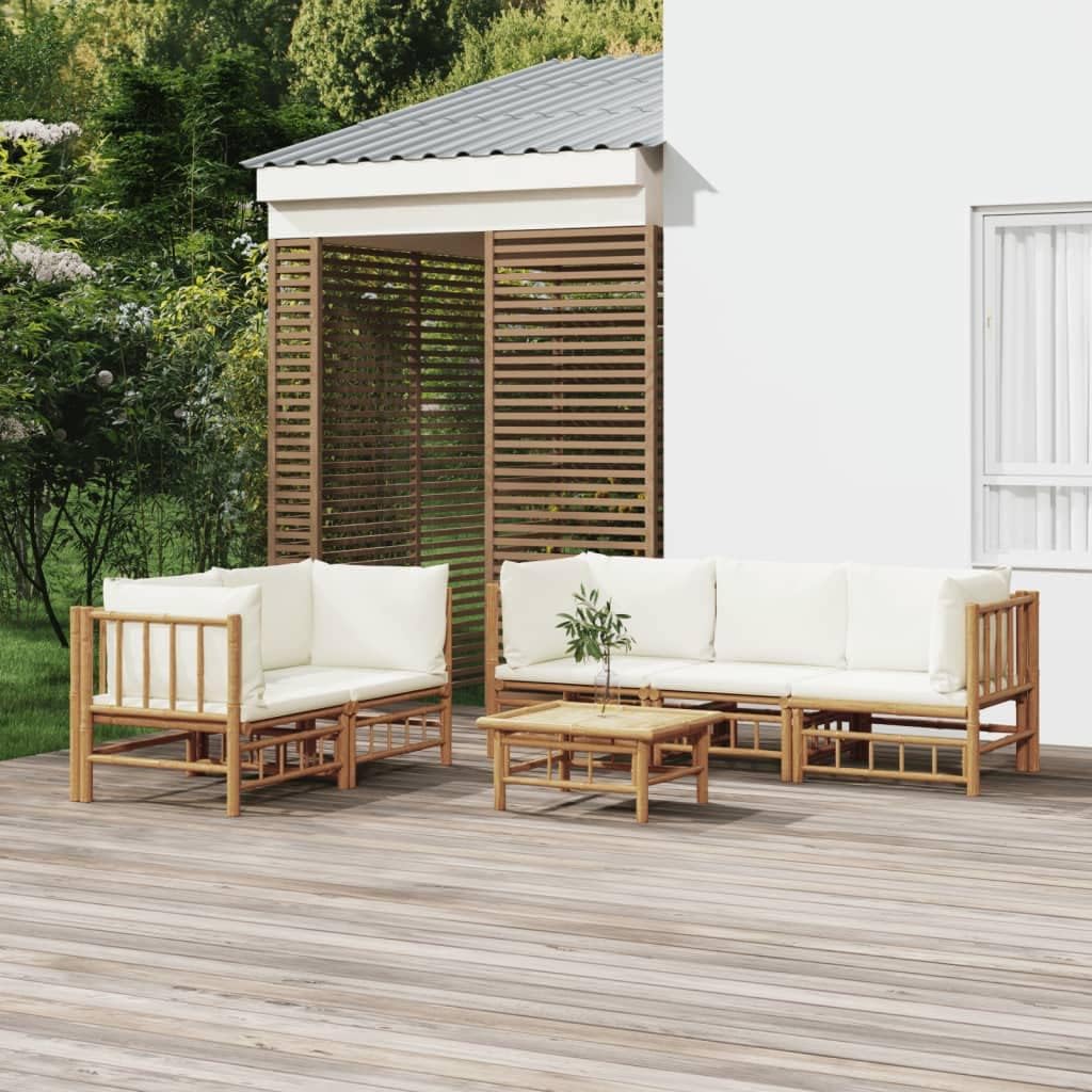 6 Piece Patio Lounge Set with Cream White Cushions Bamboo Garden Furniture