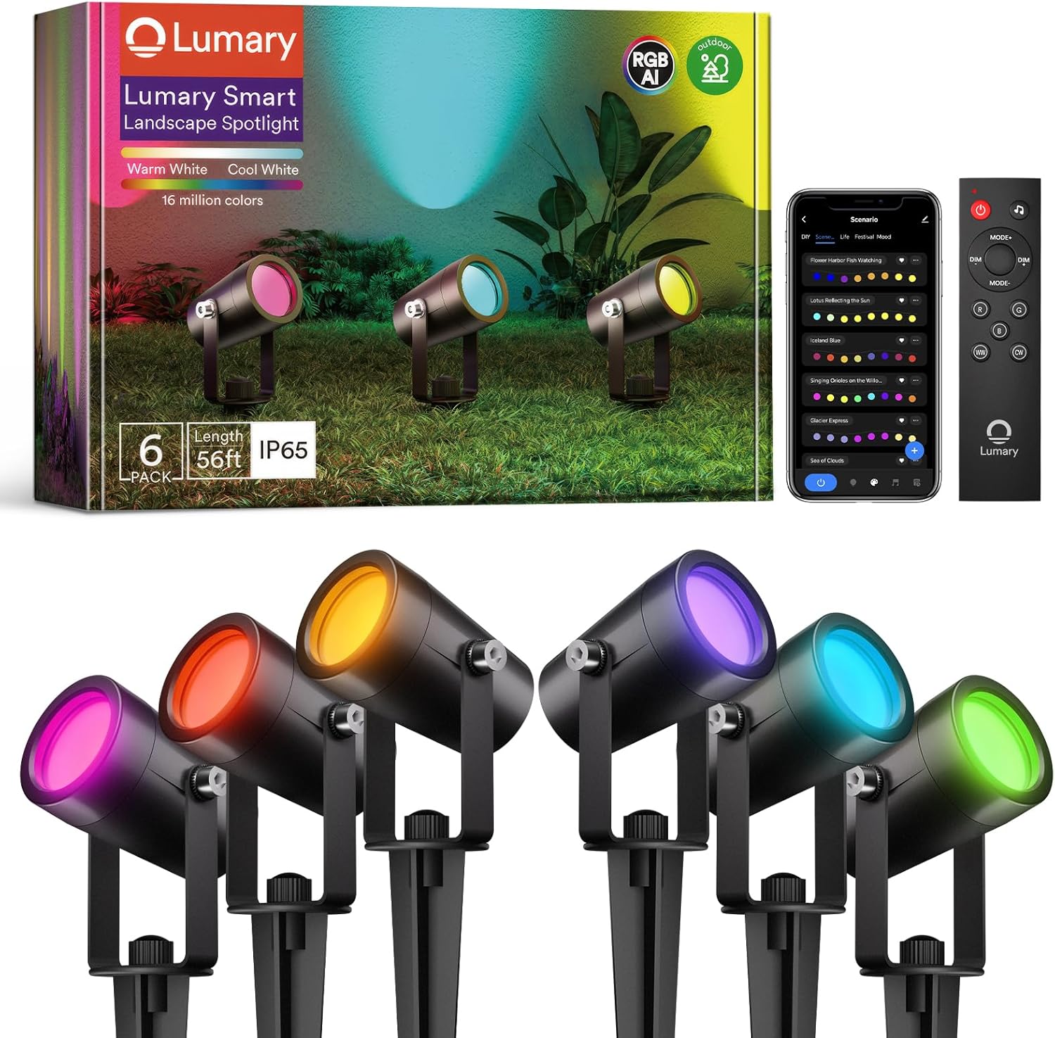 Lumary 56FT Smart Landscape Lights Gen2, 6 Pack RGBAIWW Color Changing Spotlights Low Voltage, Outdoor Lights for Yard, Festival, Compatible with Alexa & Google Assistant