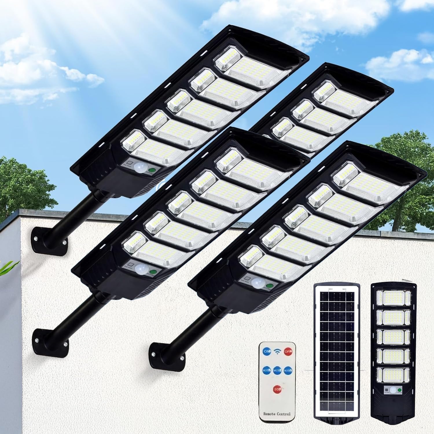 YUNICE Solar Street Lights Outdoor Dusk to Dawn Motion Sensor 240LED 6500K Solar Street Lights Outdoor Waterproof IP67 Parking Lot Light with Pole and Remote Control for Yard(4Pack)