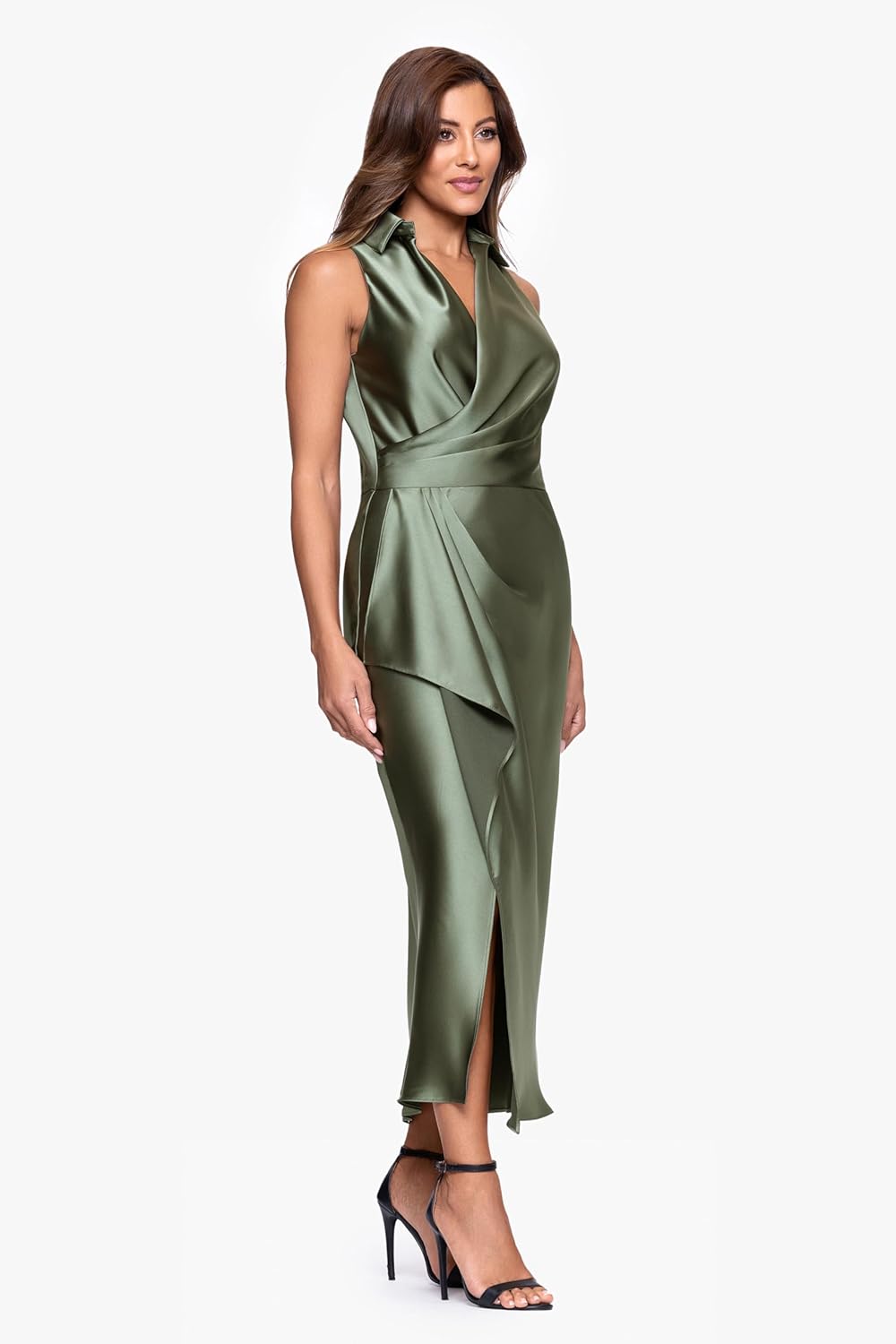 Betsy & Adam Womens Midi Satin Collared Top Dress