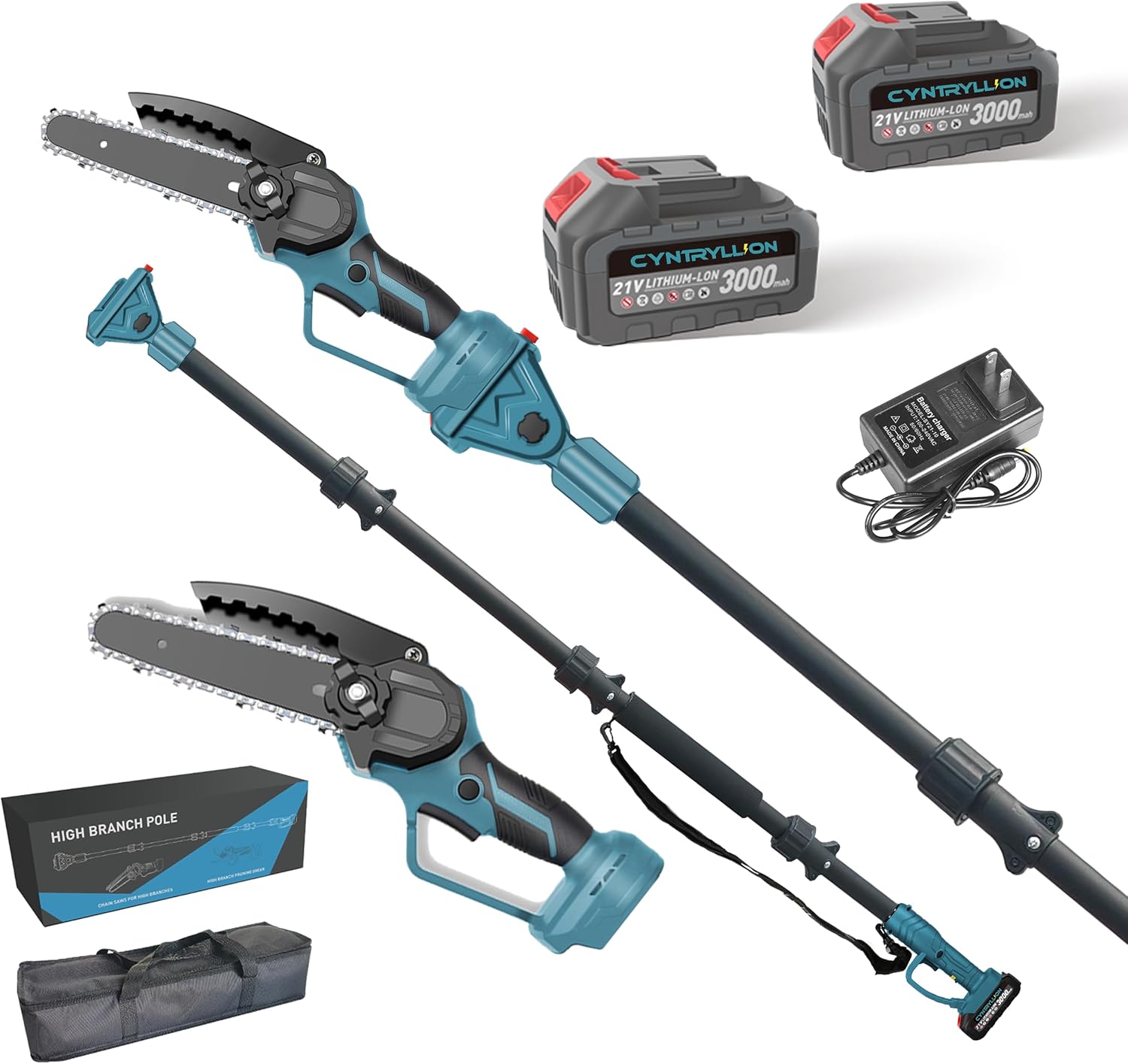 Cordless Pole Saw & Mini Chainsaw 2-IN-1, 21V 3Ah Battery Powered 6 Inch Brushless Electric Rotatable Pole Saw, 15-Foot Max Reach & Multi-Angle for Tree Branches Pruning, Wood Cutting