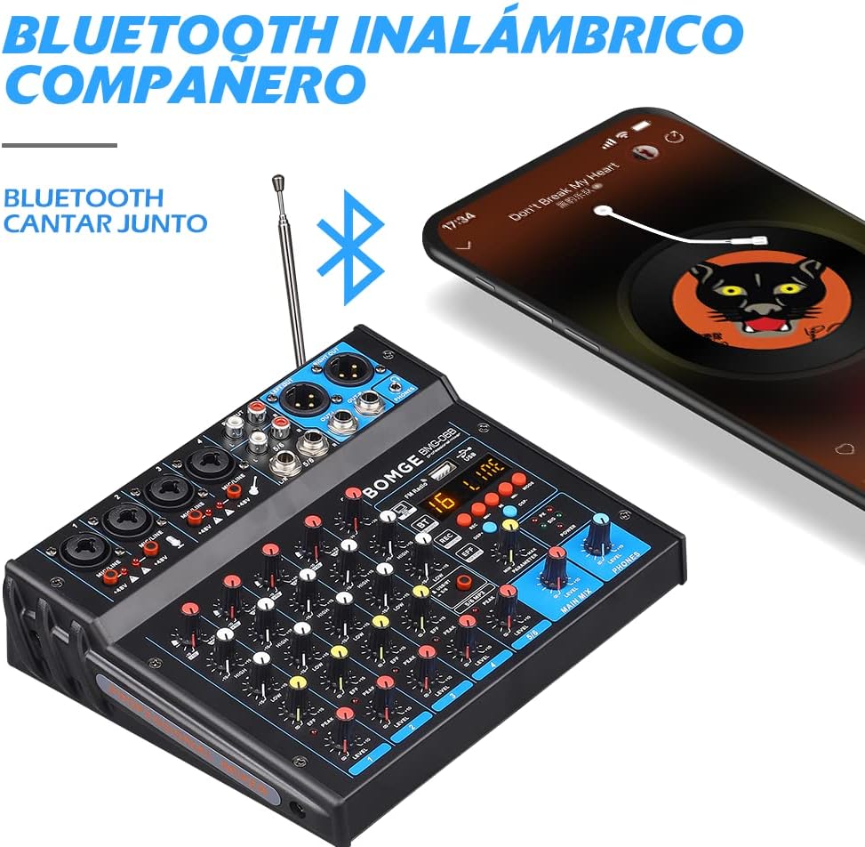 BOMGE 6 Channel dj powered audio sound mixer amplifier,100 W Stereo Speaker Home Audio Receiver effects, 48V phantom Power, USB, Bluetooth ，for home theater system, Karaoke, Streaming