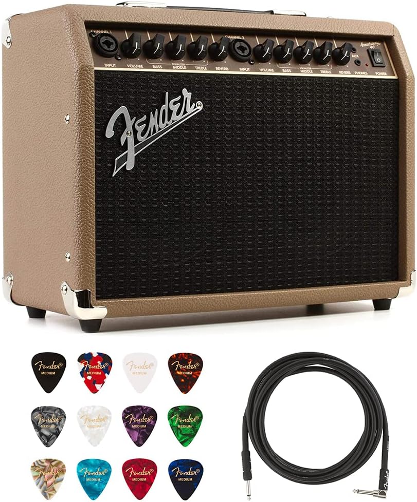 Fender Acoustasonic 40 Guitar Amplifier Bundle with Fender Classic Celluloid Guitar Picks (12-Pack) and 10ft Pro Series Instrument Cable STR/ANG