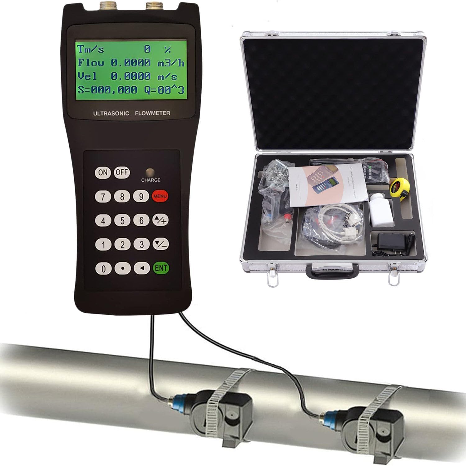Handheld Ultrasonic Flow Meter Portable Clamp on Flowmeter with Data Output S1/M2/L1 Sensors for Seawater Alcohol Industrial Sewage,M2/DN50-700 (6000)