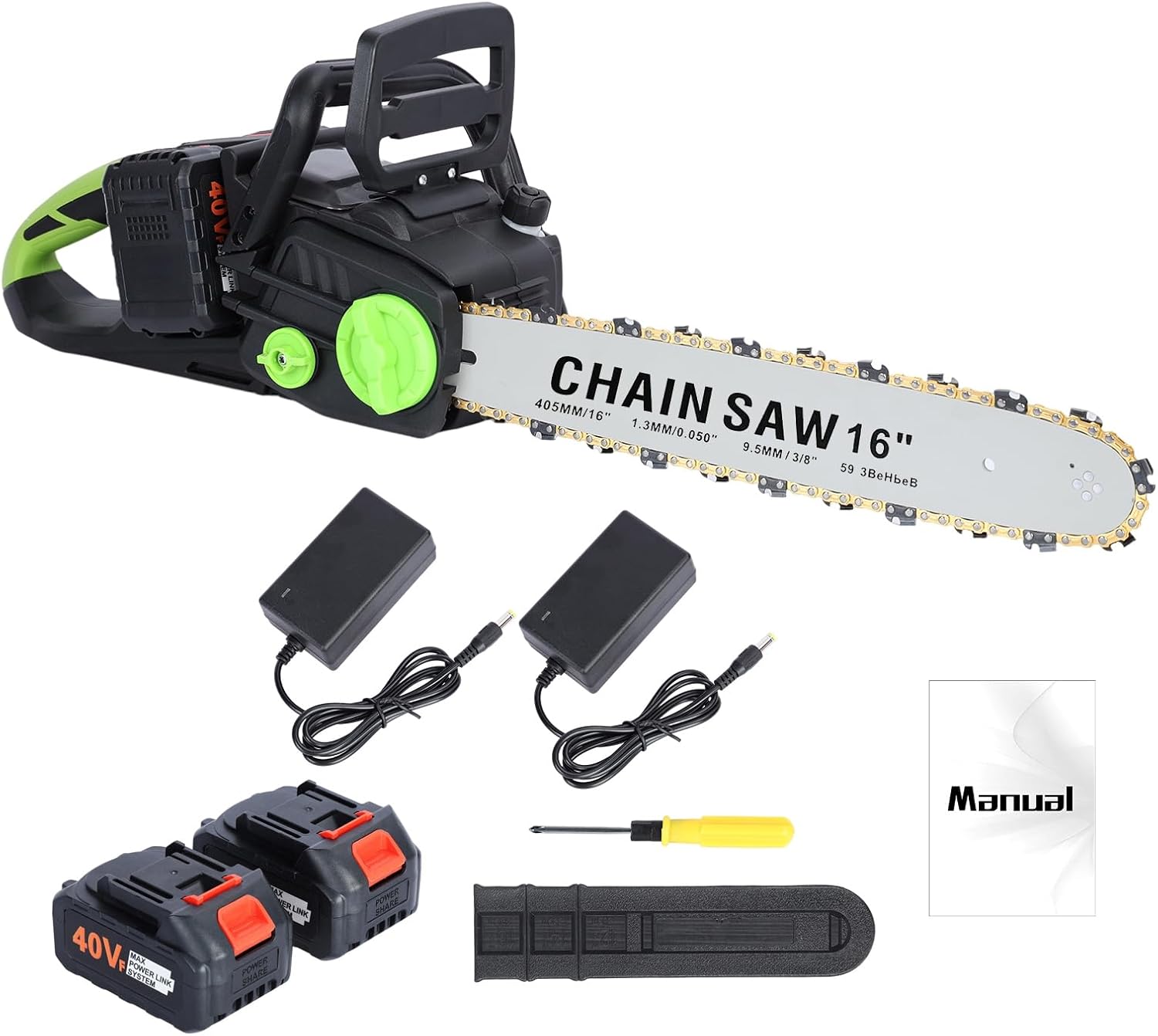 16 Inch Cordless Brushless Motor Electric Chainsaw with 2X 4Ah Batteries - Battery Powered Auto-Lubrication Chain Saw for Tree Felling, Pruning, Logging & Firewood Black