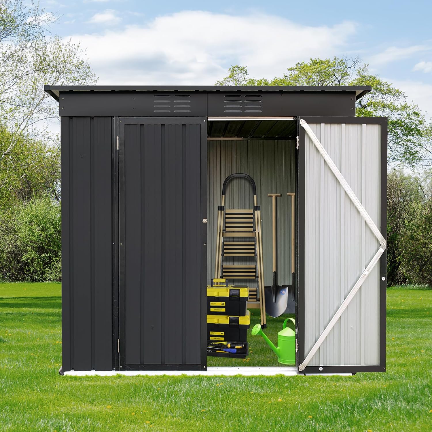 4ft x 6ft Black Aluminum Garden Shed Without Floor - Foundation-Free Outdoor Storage Shed, Tiny House Tool Shed w/Hinged Door & Vents - Resin Shed Alternative Storage Cabinet