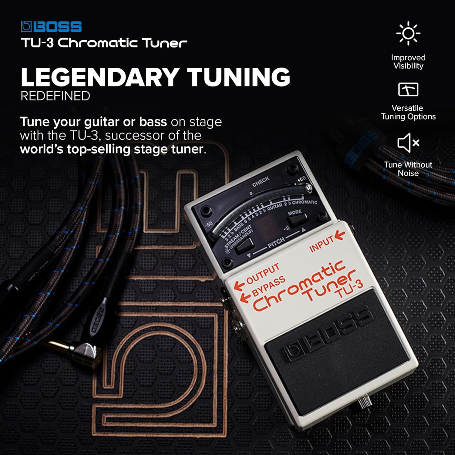 BOSS TU-3 Chromatic Floor Tuner for Guitar and Bass | Industry-Standard Performance | Tank-Tough BOSS Stompbox Body | 21-Segment LED Meter | Accurate to +/- One Cent | Accu-Pitch Sign Function