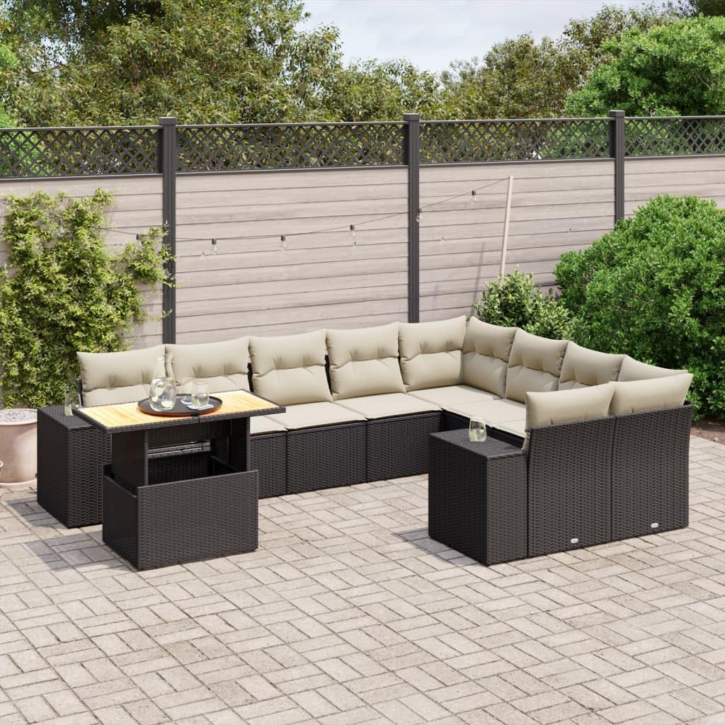 Garden Sofa Set Black PE Rattan, Large Adjustable Armrests, 9-Seater Outdoor Patio Furniture Set with Acacia Wood Table, Modern Balcony Terrace Seating