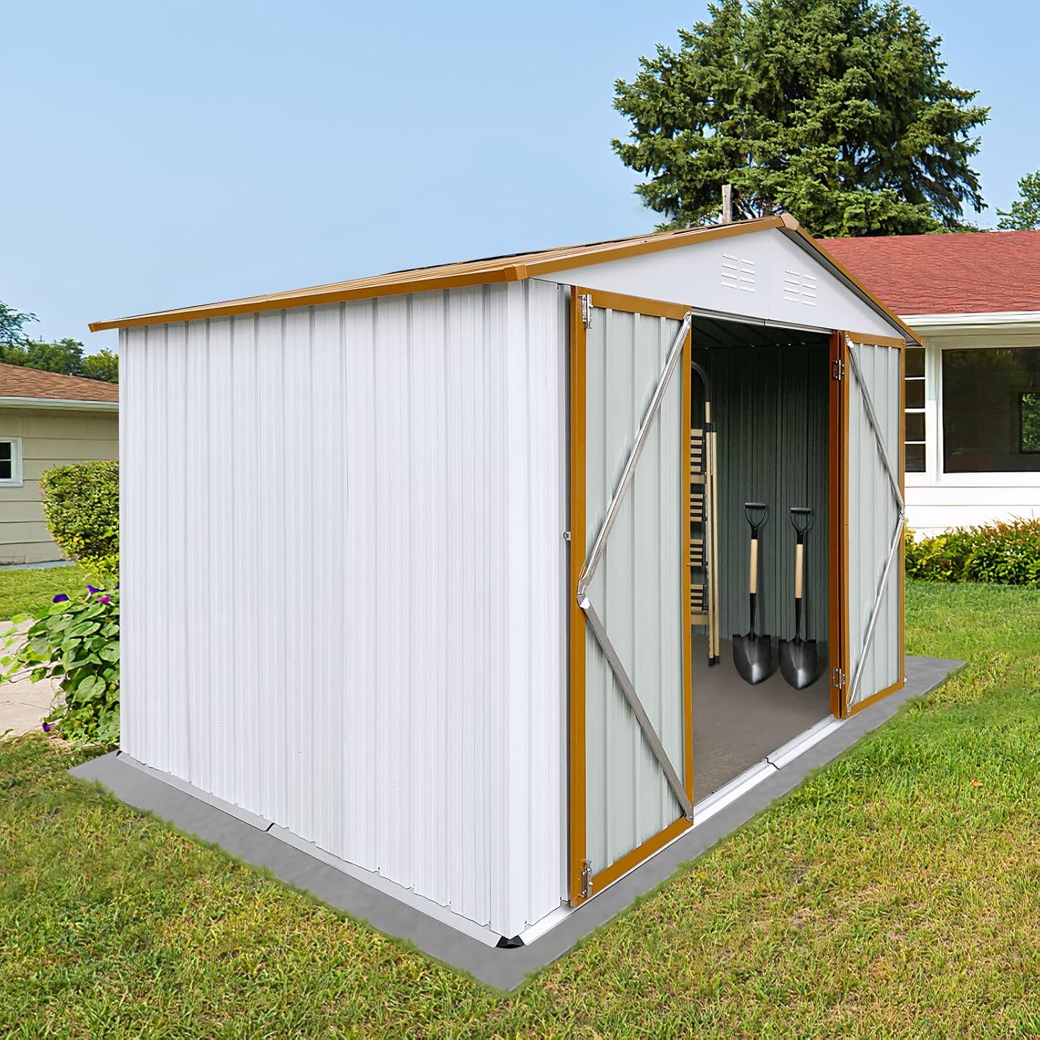 8 X 6 FT Outdoor Storage Shed Waterproof, Metal Garden Sheds with 2 Lockable Doors and Foundation Base, Steel Tool Storage Shed Buildings & Outdoor Storage House for Backyard, Lawn (Yellow/White)