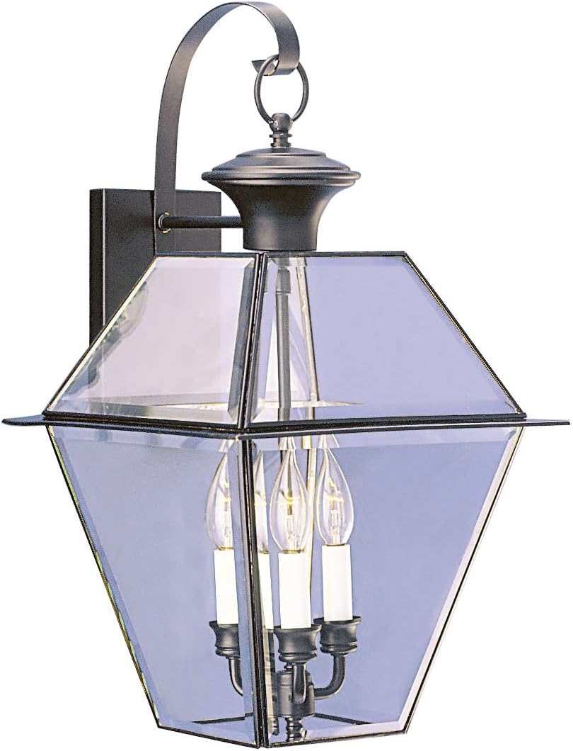 Livex Lighting 2381-04 Westover 3 Light Outdoor Black Finish Solid Brass Wall Lantern with Clear Beveled Glass, 12