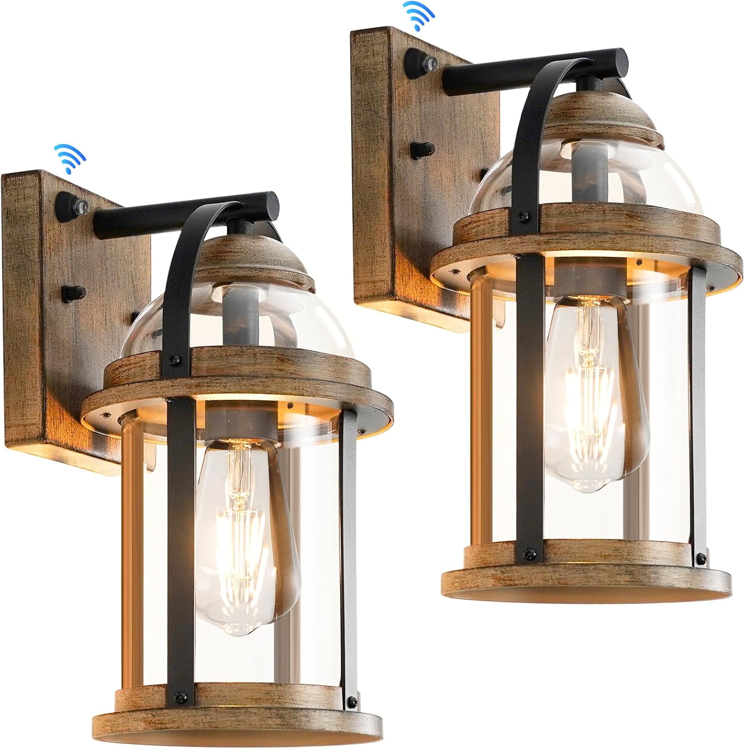 OKELI Dusk to Dawn Outdoor Wall Lights, Waterproof Lighting Fixtures Rustic Farmhouse Wall Lanterns with Clear Glass Shades Anti-Rust Outside Lights for Garage Patio Porch(Wood Grain, 2 Pack)