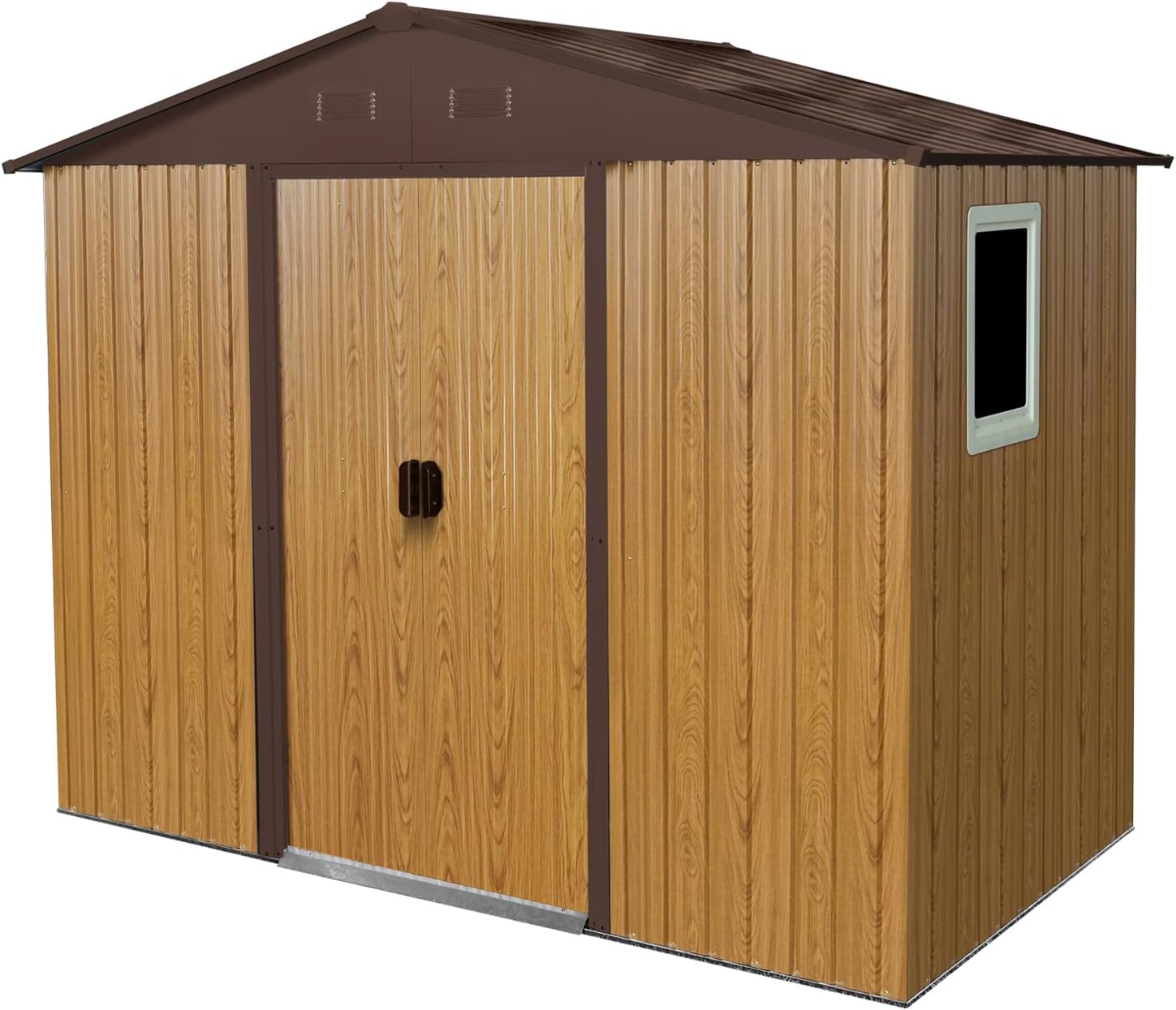 8 x 4 FT Outdoor Storage Shed, Garden Tool Metal Shed with Sliding Doors, Window & Metal Foundation, Tool Shed Tiny House Vertical Outside Storage Building for Backyard, Coffee